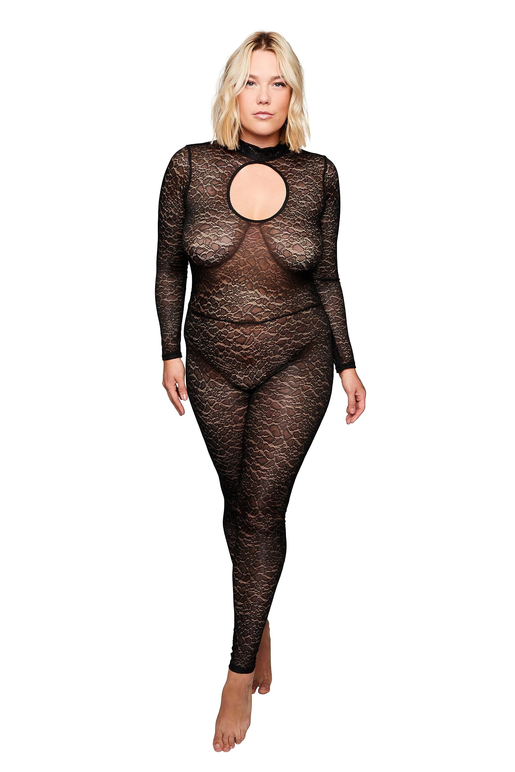 Ulla Popken Damen große Größen Übergrößen Plus Size Catsuit, Langarm, Leo Spitze, Ouvert-Öffnung im Schritt 820206