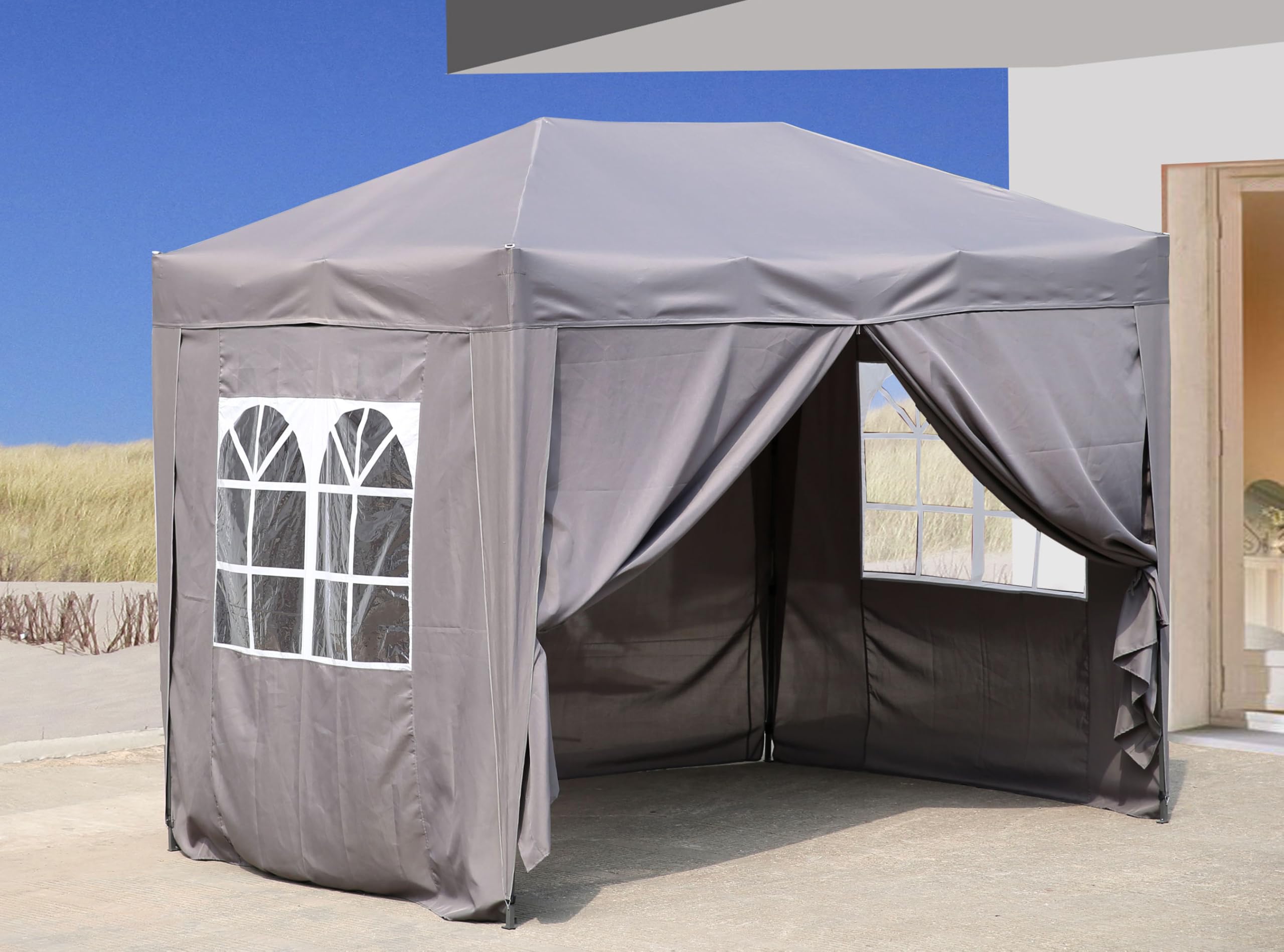 Faltpavillon 2 x 3 m Smoky Grau, 4 Easy-Klett Seitenwände (2 Reißverschlüsse, 2 Fenster), Pop Up Pavillon Faltbar, mit Tragetasche