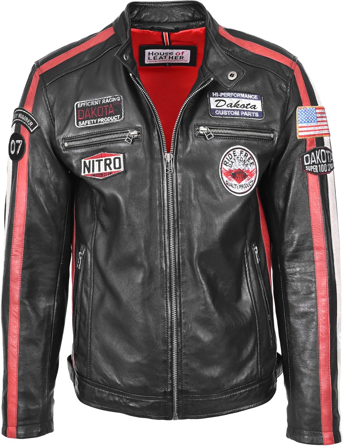 Mens Leather Biker Jacket Motorsport Logos Bobby Vintage White