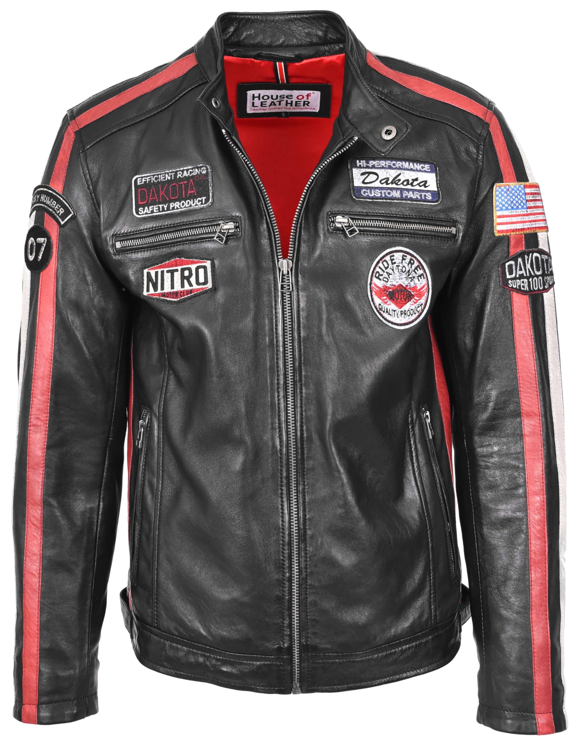 Mens Real Leather Biker Style Jacket Motorsport Racing Badges Style Bobby (UK, Alpha, XXL, Regular, Regular, Black)