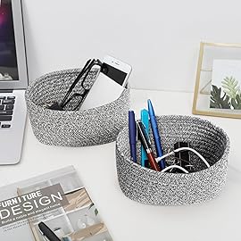 2 PackABenkle Small Woven Baskets, Tiny Oval Shallow Storage Baskets, Mini Cotton Rope Empty Decorative Basket, Boho Little Organizer Bins for Bathroom, Cat Dog Toy Gifts Baskets
