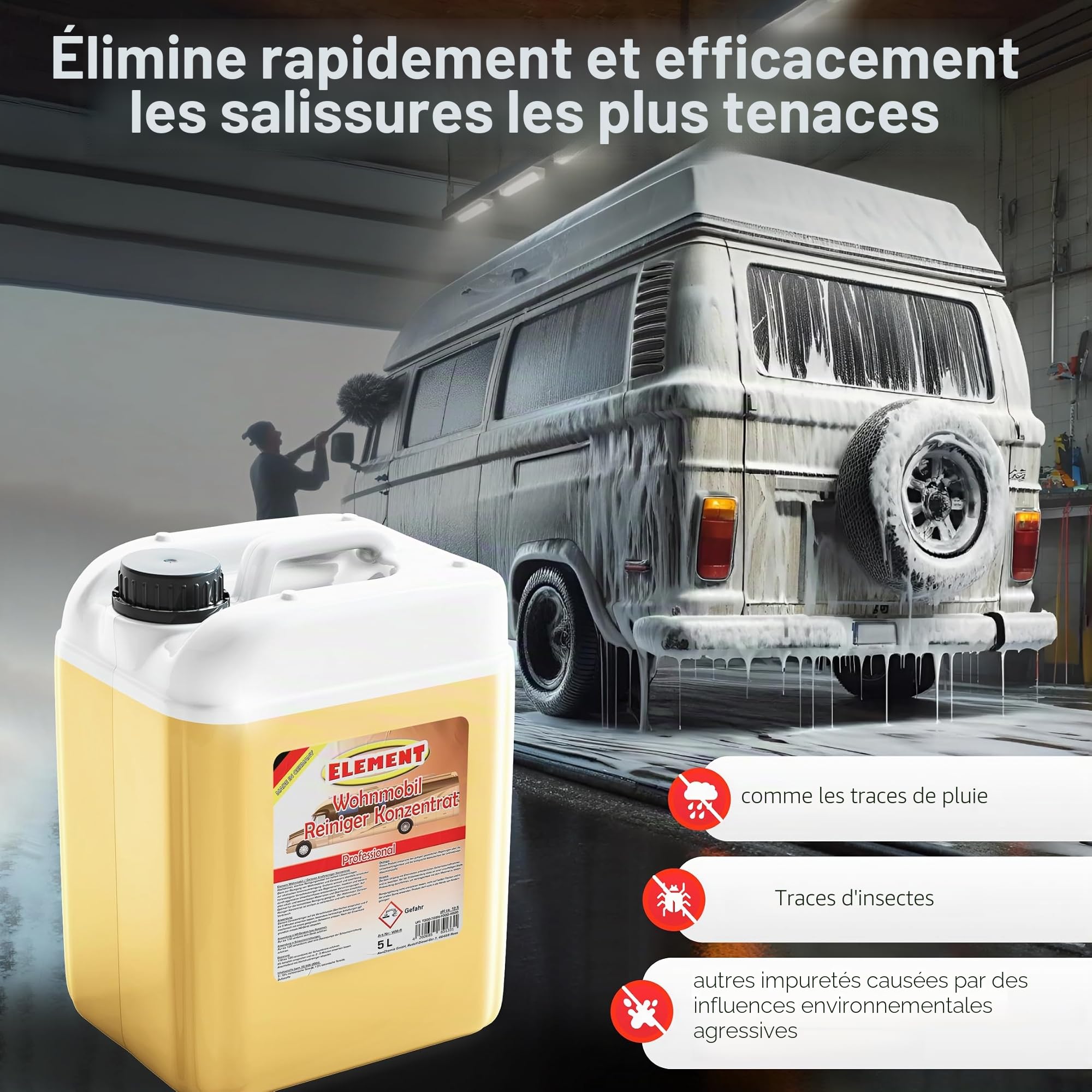 Element Nettoyant concentré pour caravane, camping-car, 5 l, pour bâches, bateaux, bus, élimine facilement les saletés les plus tenaces