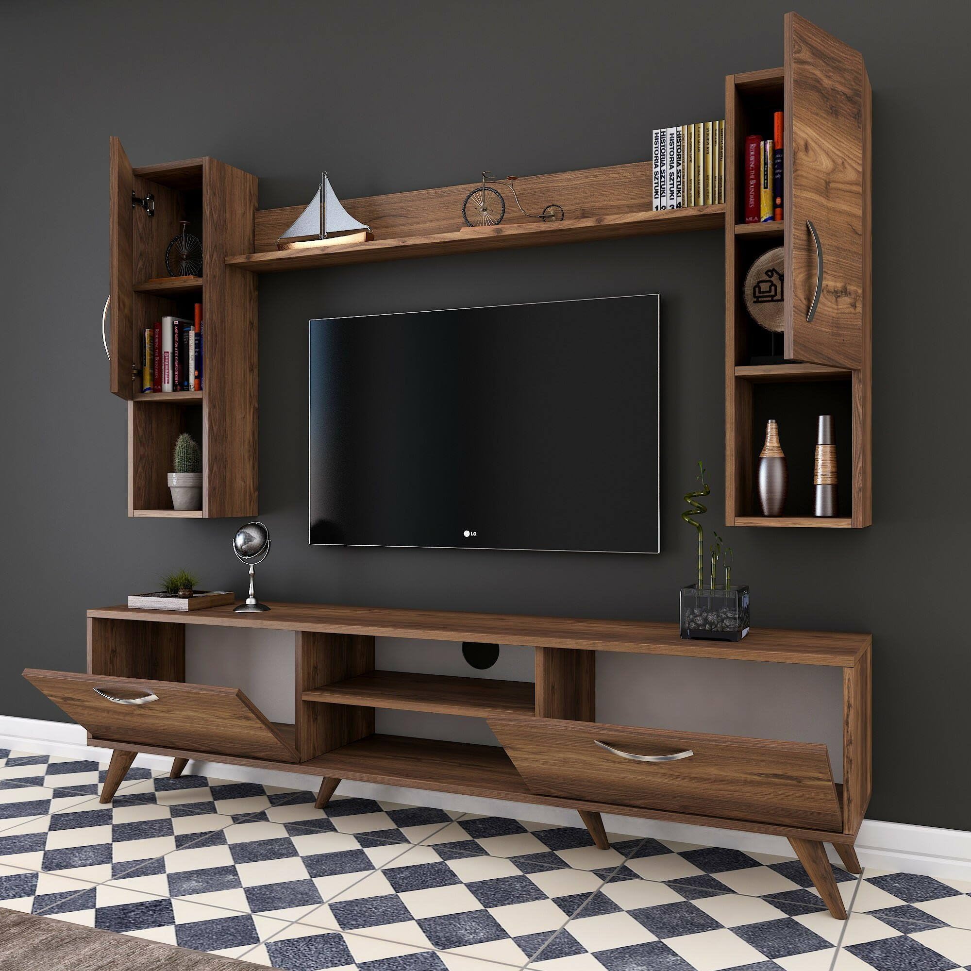 Dmora - Parete attrezzata Lucifer, Composizione soggiorno, Mobile salotto multiuso, Armadio porta TV, 180x35 h49 cm, Noce