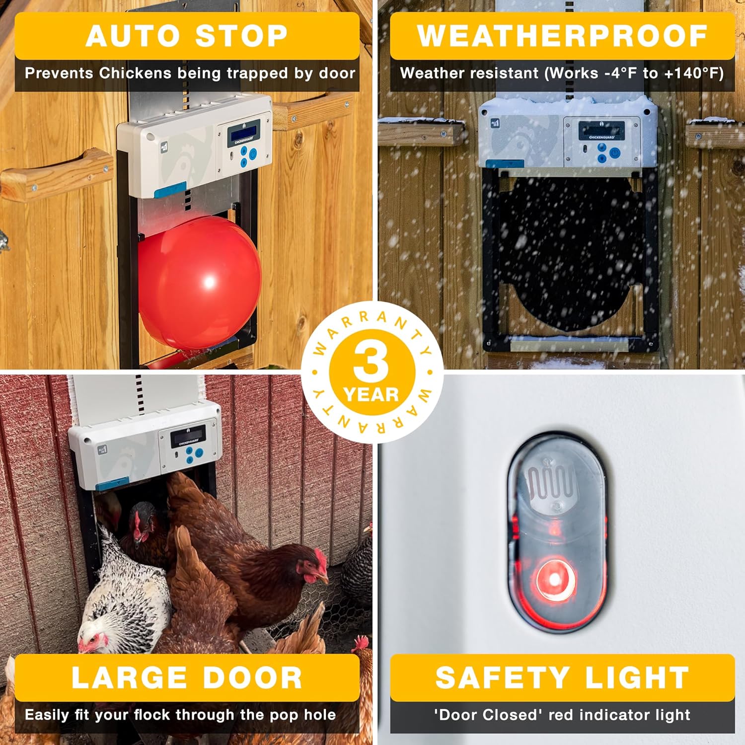 Automatic Chicken Coop Door Opener, ChickenGuard One in All 4 Colours, Timer/Light Sensing, Winter Mode, Auto-Stop & Predator Proof, 3 Power Options, Solar, Battery or Electric (Gray + Solar Kit)