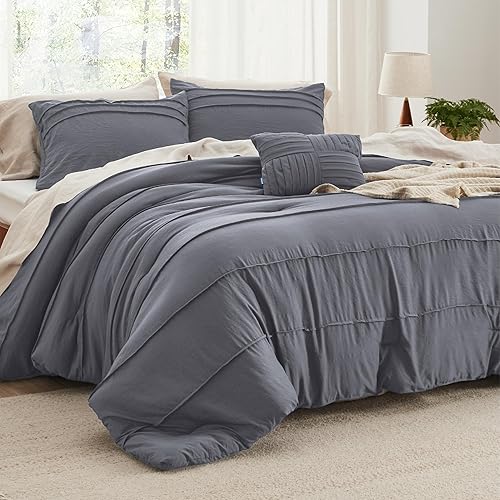 Bedsure Juego de edredón gris tamaño Queen, juego de cama plisado de 4 piezas, juegos de ropa de cama alternativa de plumón para todas las