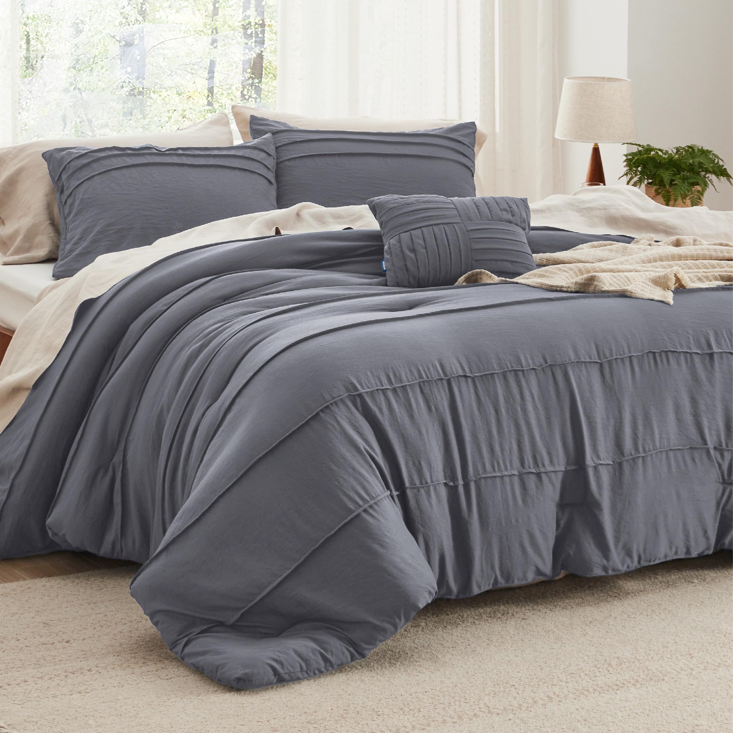 Bedsure Dark Grey King Size Comforter Set 4 Pieces Stripe Pleat Bed
