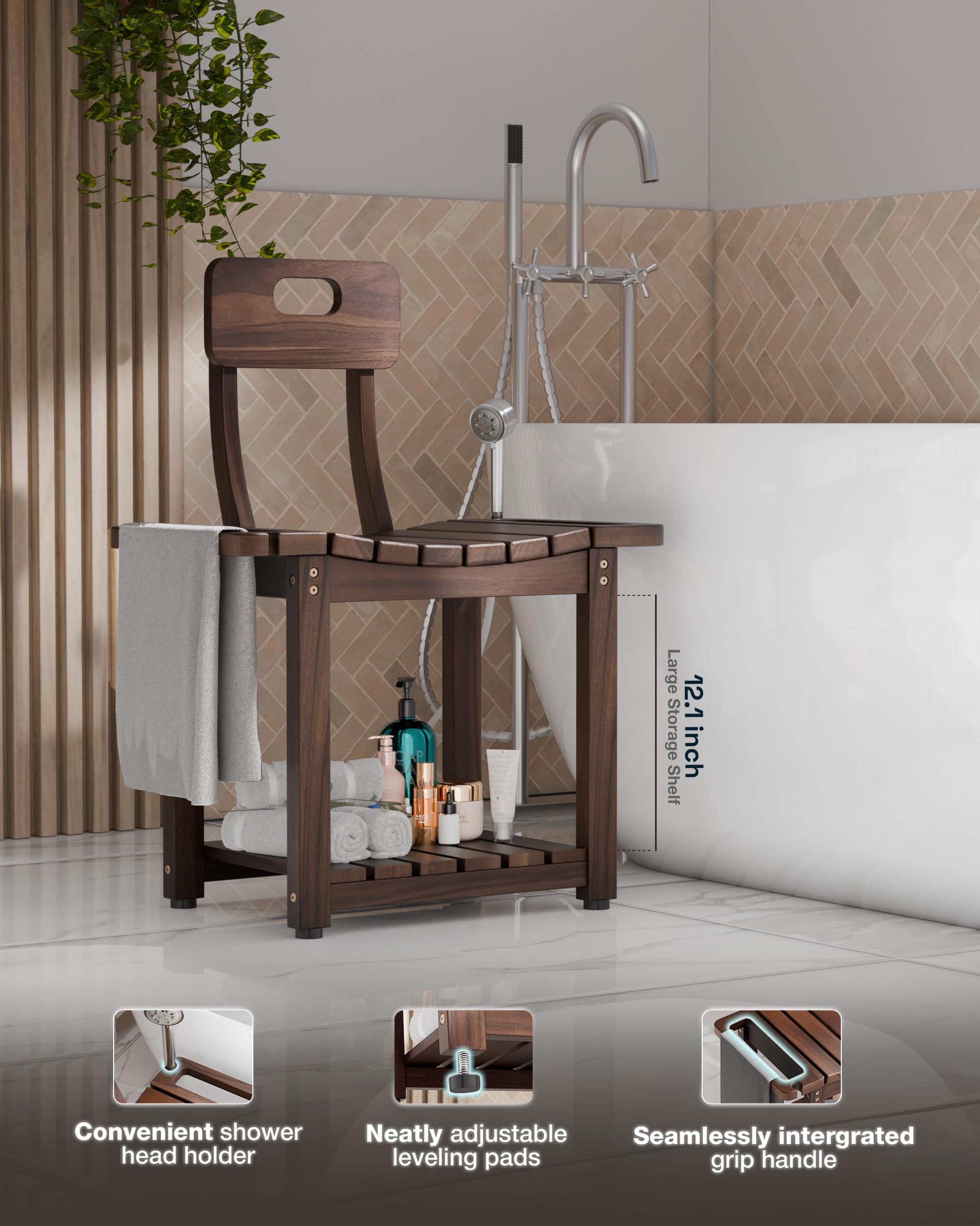 BLUEWEST Duschstuhl mit Rückenlehne, für Innendusche oder Badewanne, strapazierfähig, 204 kg, rutschfeste Füße, Regalaufbewahrung, integrierte Griffe für ältere Menschen oder Erwachsene, Akazie, 60 cm