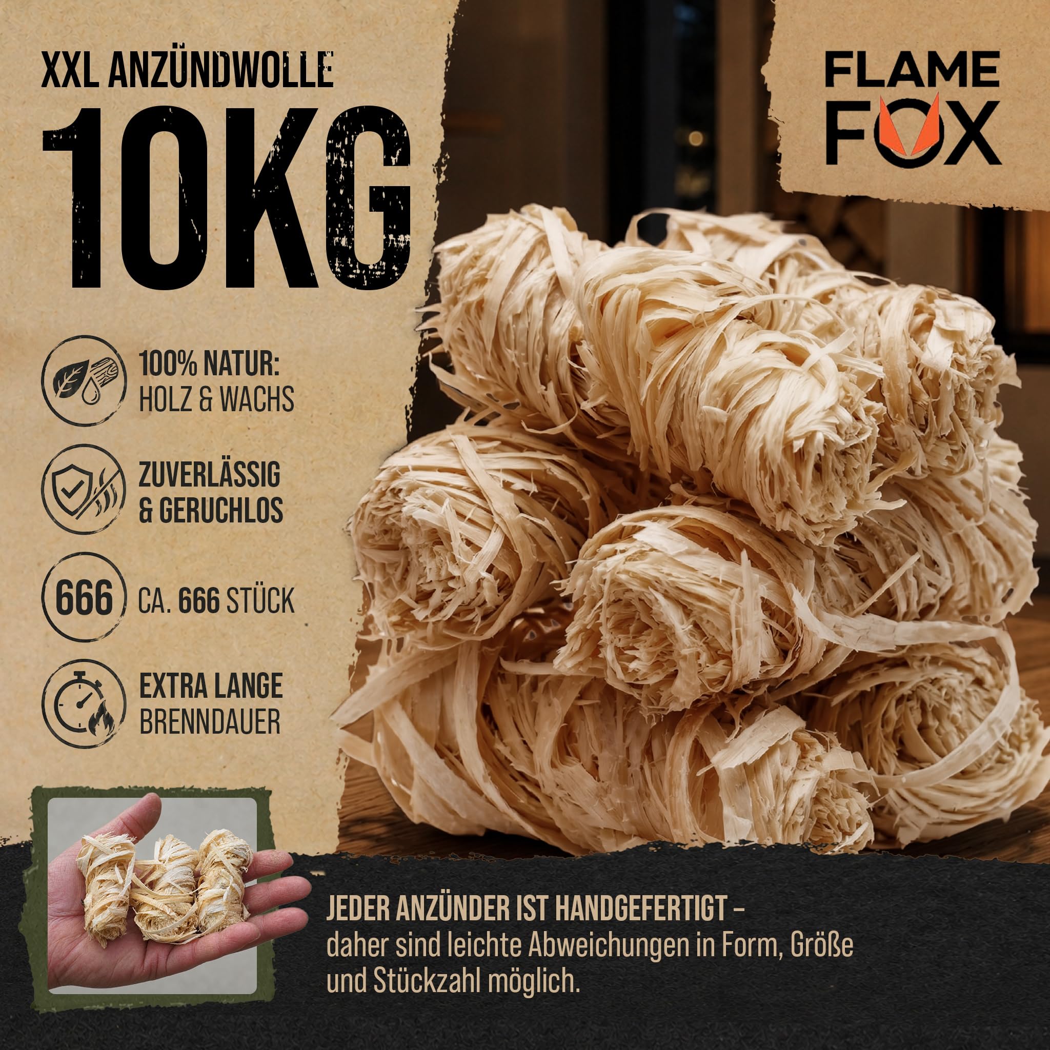 Anzündwolle XXL 10kg aus Öko-Holzwolle & Wachs I Kaminanzünder & Grillanzünder für Kamin, Ofen & Feuerschale I Natürlich, zuverlässig, Lange Brenndauer - 3kg, 5kg oder 10kg Karton