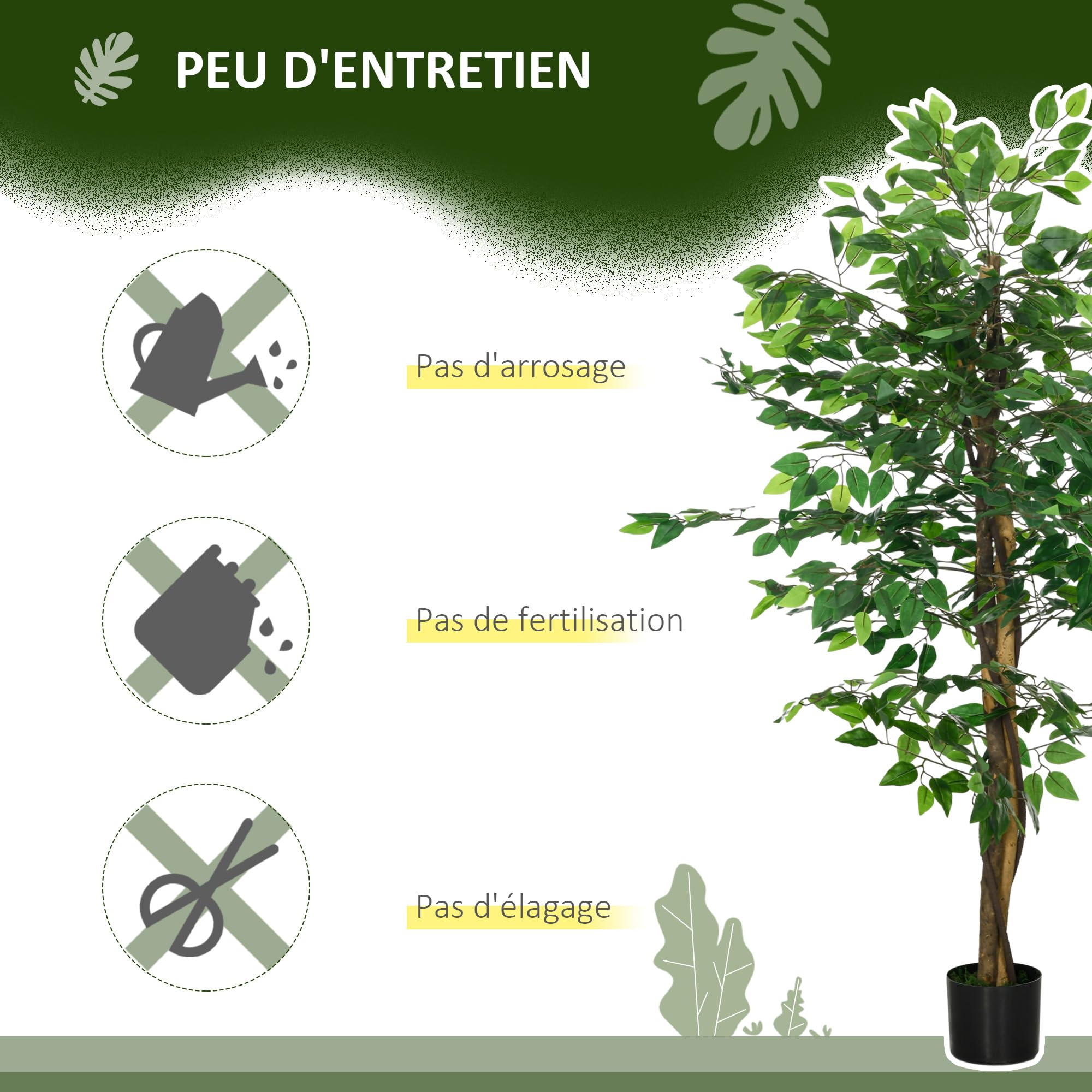 HOMCOM Plante Artificielle Arbre Artificiel ficus Hauteur 1,50 m Tronc Branches Liane Lichen Feuilles Grand réalisme Pot Inclus, intérieur, Vert
