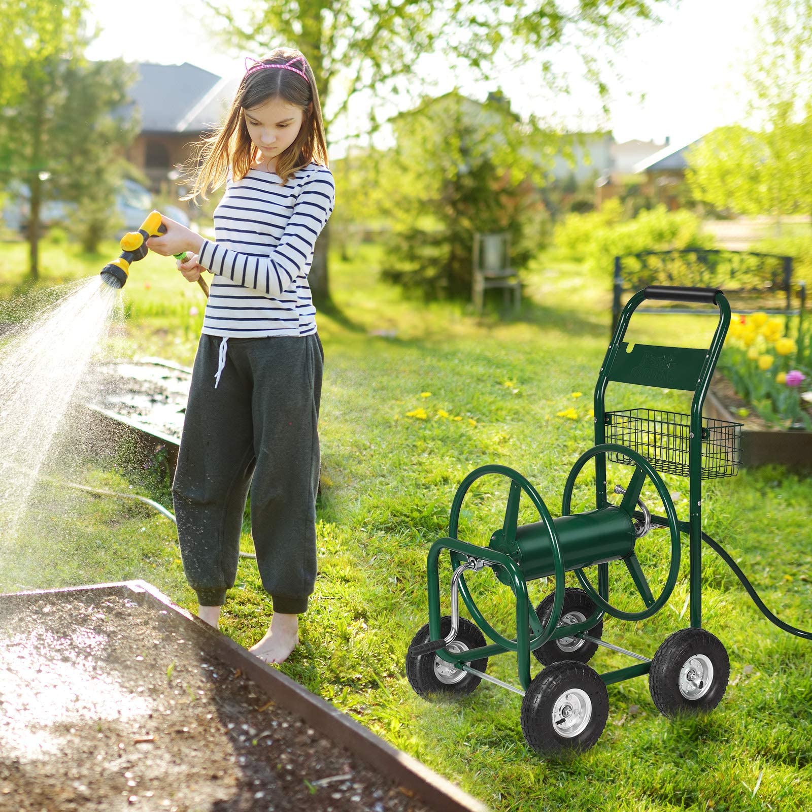 GYMAX Carrello Avvolgitubo da Giardino in Metallo e Gomma,con Ruote e Cestello
