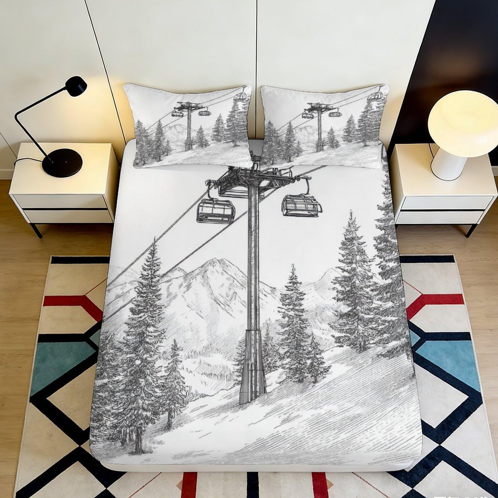 3D Printed Ski Lift Landscape Fitted Sheet Microfiber Soft Breathable Pine Forest Bed Cover for Bedroom Dorm Decor 90x200x25cm