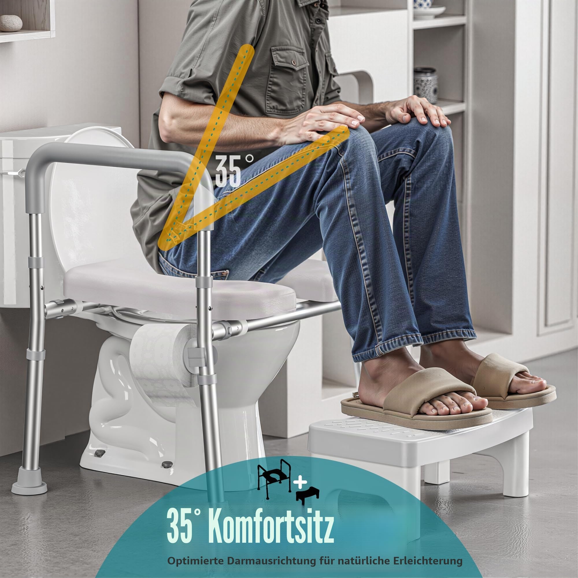 Toilettensitzerhöhung mit Armlehnen und Fußstütze; in Höhe Breite verstellbar