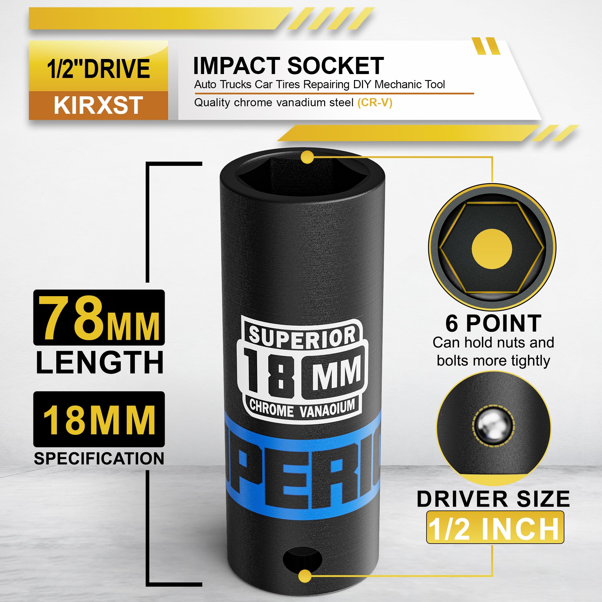 KIRXST 1/2" Drive 18mm Deep Impact Socket, 6 Point CR-V Deep Socket, 78mm Length, Auto Trucks Car Tires Repairing DIY Mechanic Tool - Image 2