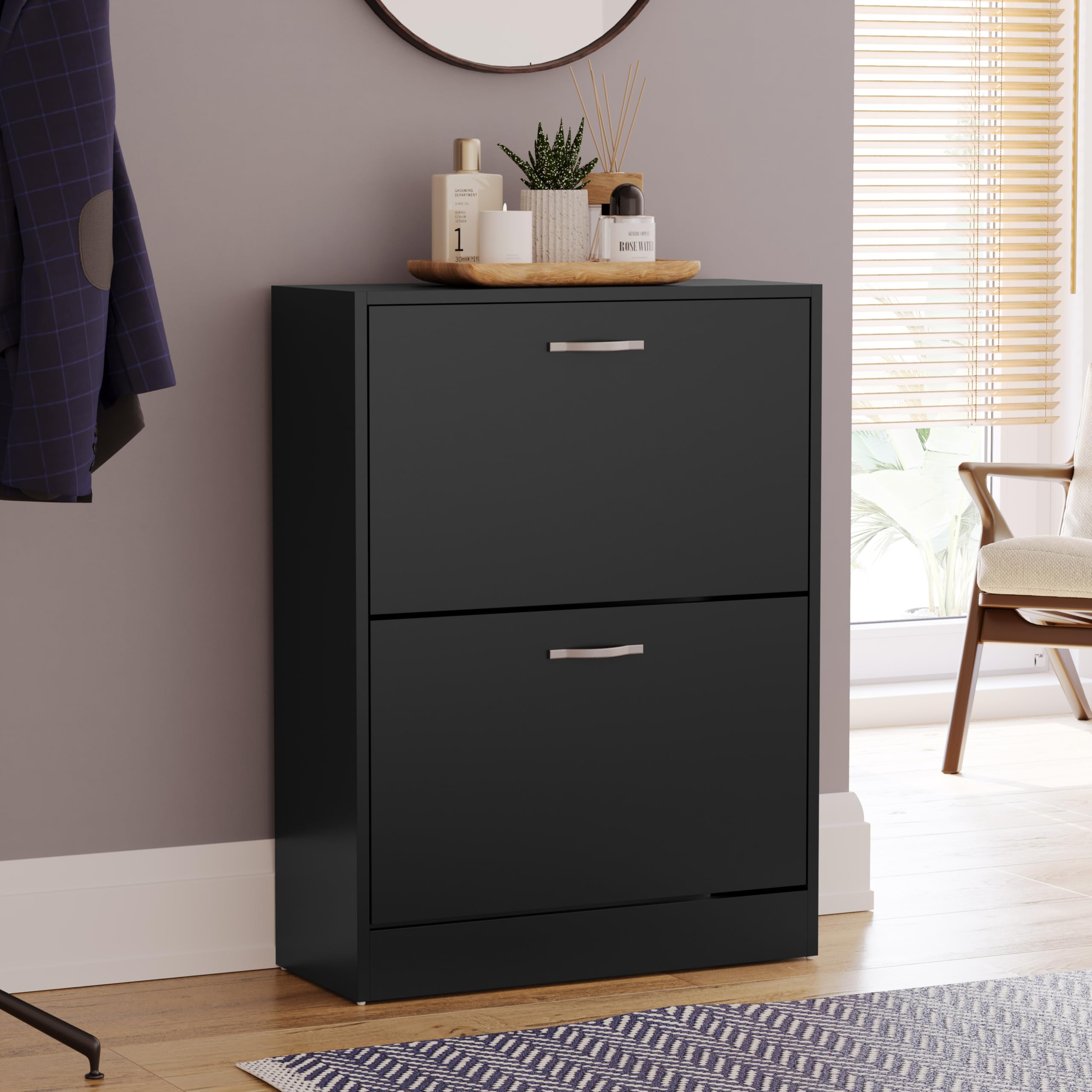 Vida Designs Armoire à Chaussures à 2 tiroirs, Organiseur de Rangement pour Chaussures, Meuble en Bois extractible, Noir | H 80 x L 60 x P 24 cm Environ