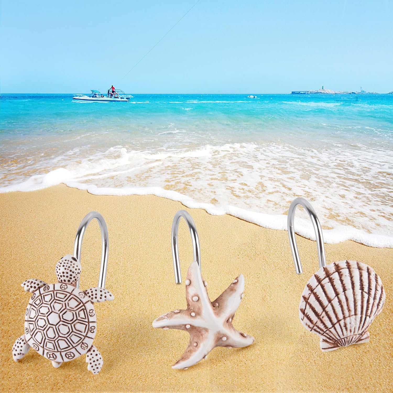 Decorative Shower Curtain Hooks, Seashell Turtles Shower Curtain Rings, Beach Theme Rust Proof Bath Shower Hooks, 12 Pack Bathroom Decoration Ocean Coastal Shower Curtain Hangers