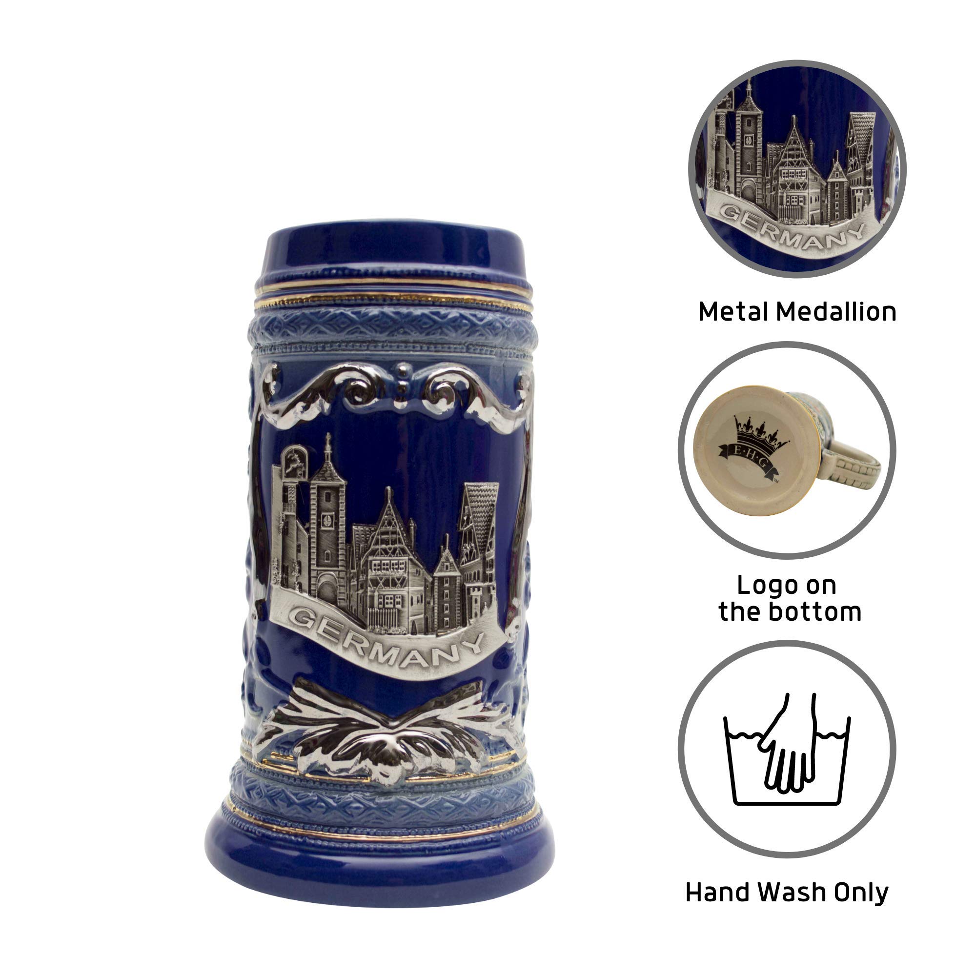Essence of Europe Gifts 1 Liter | OktoberfestHaus German Rothenburg Beer Stein With Metal Emblem On A Cobalt Blue Bier Krug Ceramic Stein Mug Tankard Beer Lover Gift Engraved Beer Mug