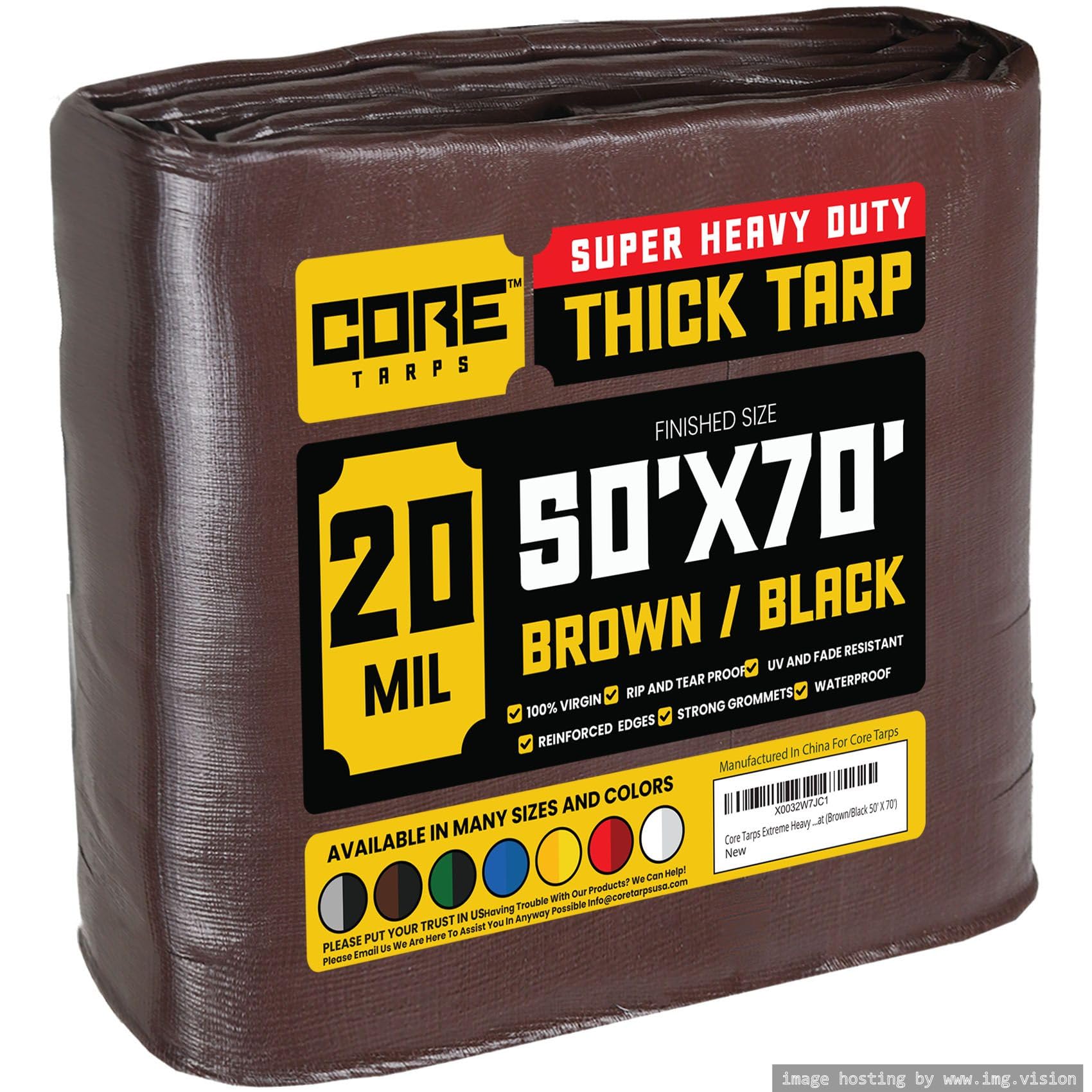 Core Tarps Extreme Heavy Duty 20 Mil Tarp Cover, Waterproof, UV Resistant, Rip and Tear Proof, Poly Tarpaulin with Reinforced Edges for Roof, Patio, Pool, Boat (Brown/Black 50′ X 70′)
