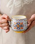 Mugs de café en porcelaine 20 Ounce - Coupes multicolores pour Latte, Thé chaud, Cappuccino, Cocoa, Soupe, Lave-vaisselle, Micro-ondes, Cadeau de Noël 6 - Style bohème