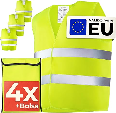 Prowiste 4 Chaleco Reflectante Homologado Set con Bolsa – Certificado EN ISO 20471, Válido en Toda Europa – Ideal para Auto, Construcción - Talla Única - Amarillo