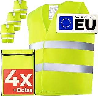 4 Colete Refletivo Homologado Conjunto com Bolsa – Certificado EN ISO 20471, Válido em Toda a Europa – Ideal para Carro, Construção - Tamanho Único - Amarelo