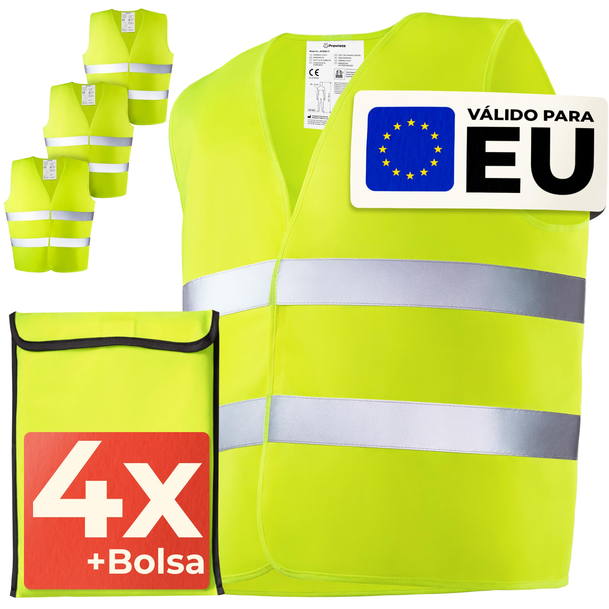 Prowiste 4 Chaleco Reflectante Homologado Set con Bolsa – Certificado EN ISO 20471, Válido en Toda Europa – Ideal para Auto, Construcción - Talla Única - Amarillo