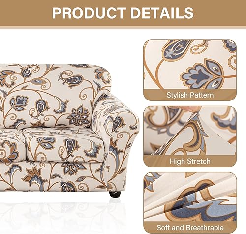 Miniatura 3 de Lamberia Funda Estampada para Sofá de 3 Cojines Fundas de Sofá de Alta Elasticidad 4 Piezas Funda de Sofá con Tres Fundas de Cojín Separadas Parte