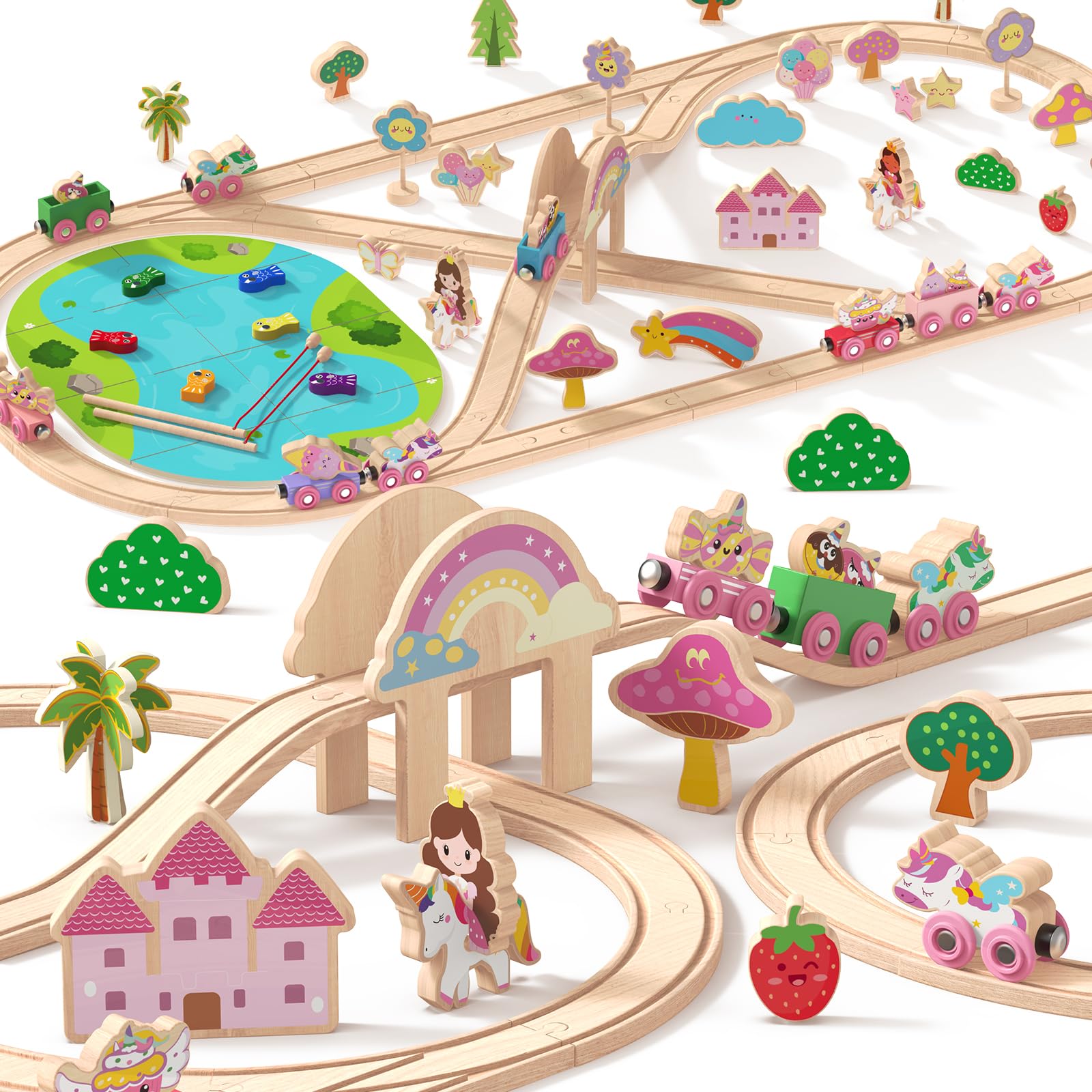 Hot Bee Wooden Train Set, Toddler Girls Toys for 3 4 5 6 Year Old, Unicorn Toys Train Track Gifts for Kids Age 3-6 （110 PCS）