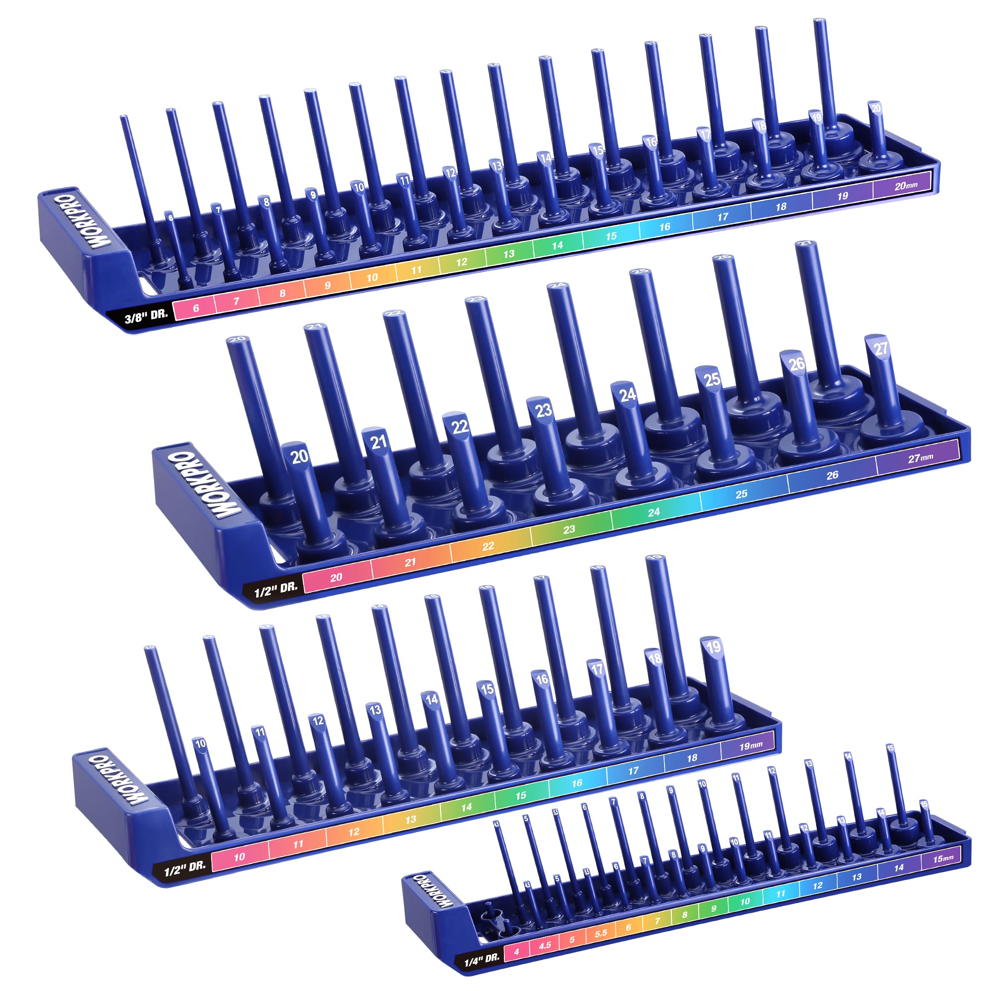 WORKPRO Doppenhouder, doppenopbergset, 4-delige houderset voor 1/4, 3/8 en 1/2 aandrijving, metrische doppenopbergers