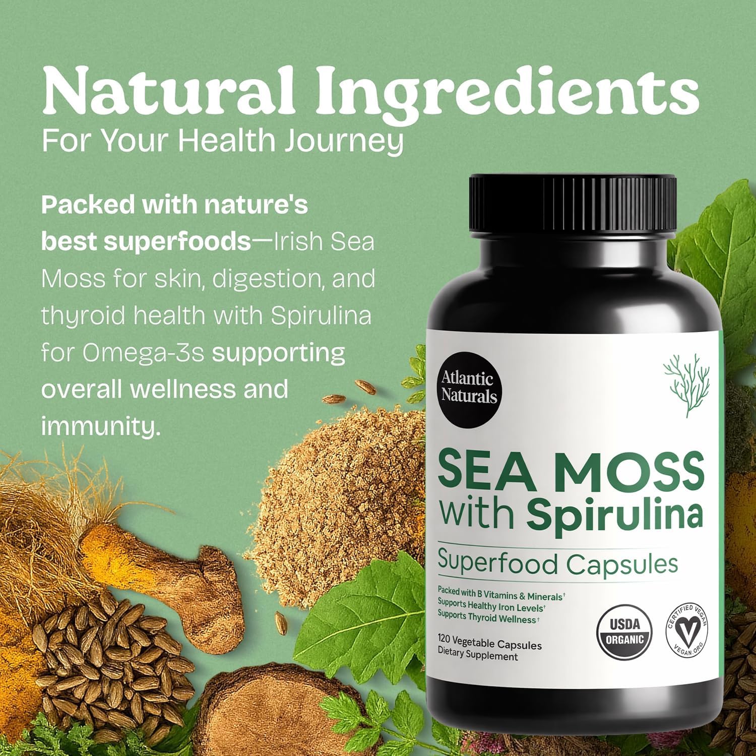 Atlantic Naturals Sea Moss with Spirulina Superfood Capsules - Multivitamin Supplement Supports Healthy Iron and Immune Health, Alternative to Seamoss Gel and Powder - Irish Sea Moss Capsules (120 ct)