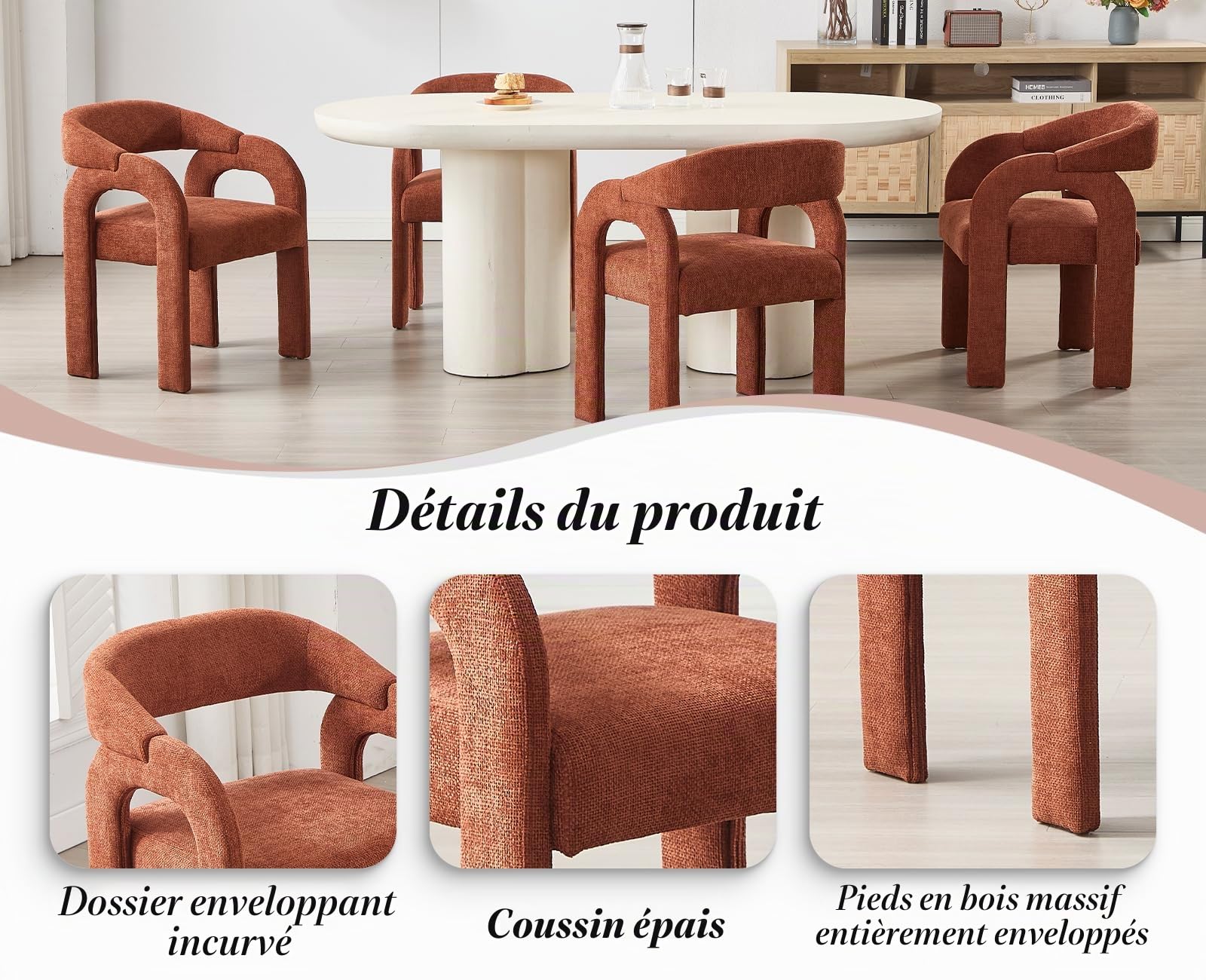 Lot de 2 Chaises de Cuisine en Chenille Chaise de Salle à Manger avec Dossier Incurvé Fauteuil Dîner Moderne, Orange