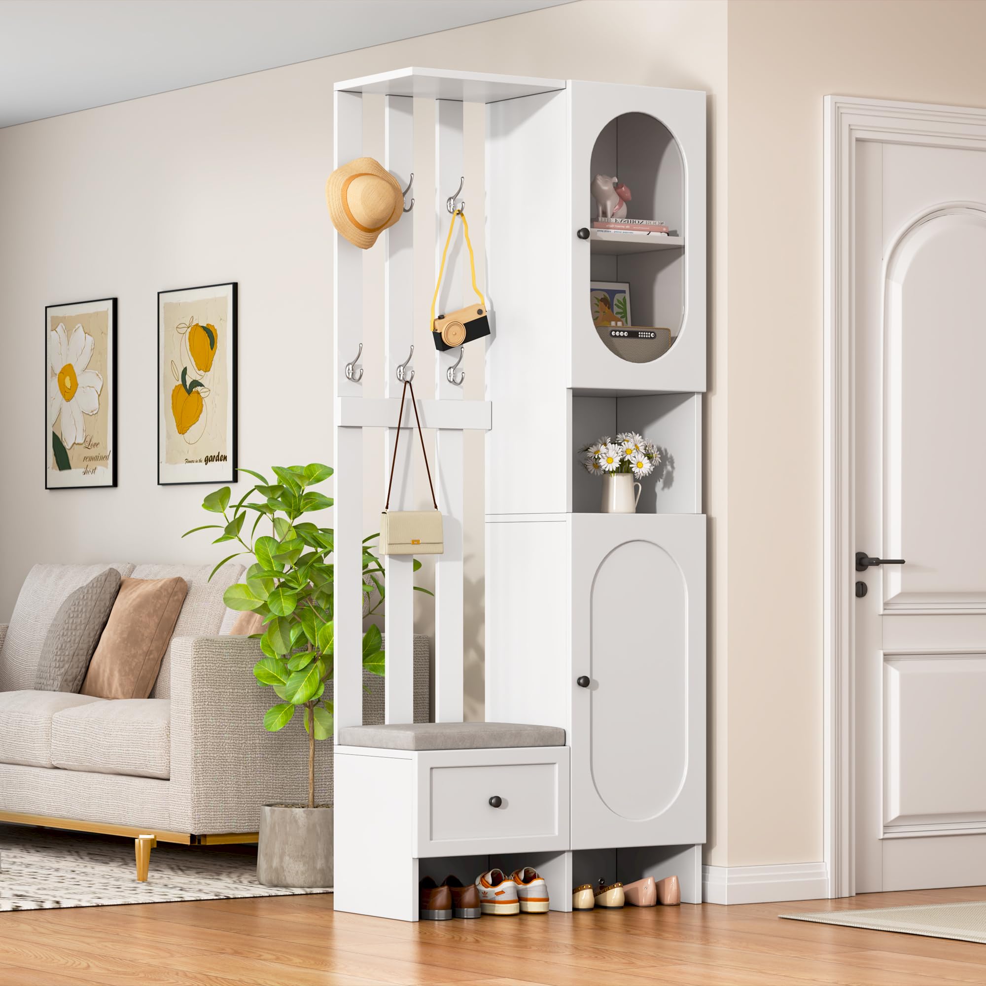 Merax Garderobenset Wandgarderobe, Kompaktgarderobe, Modern Flurgarderoben Set mit Schuhbank, Vitrine, Wandpaneelen, Kleiderhaken, Stylishe Garderobenständer für Flur Eingangsbereich, Flurmöbel, Weiß