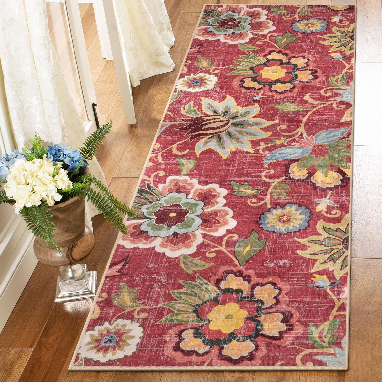 Beeiva Floral Washable Runner Rug 2x6, Red Christmas Runners Rug for Hallway with Rubber Backing, Ultra Thin Vintage Non Skid Washable Carpet for