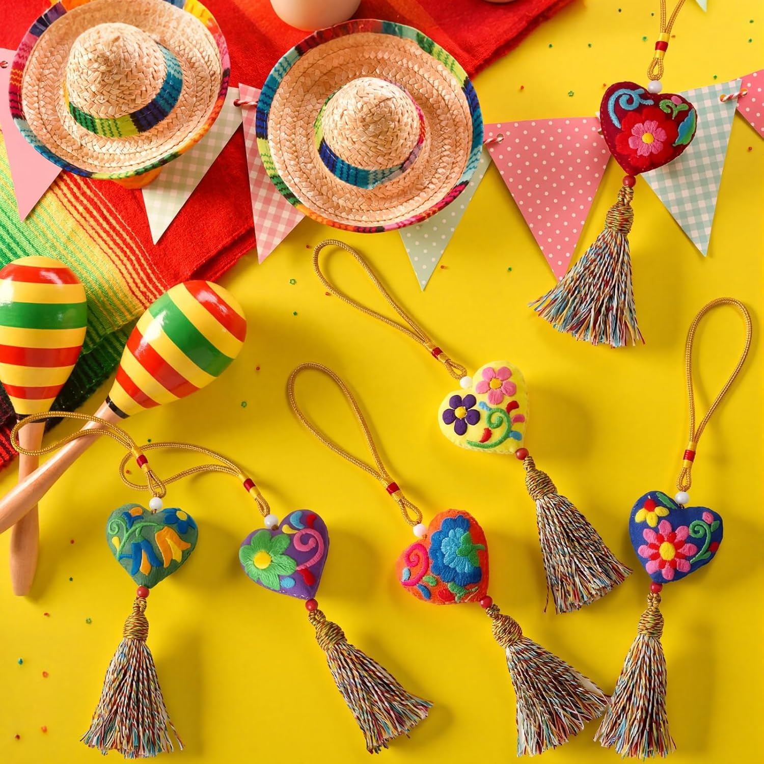 HunnmingRe 12 Pcs Mexican Keychain Fiesta Party Return Favors Colorful Artisan Boho Bag Charm Pom Pom with Tassel Key Chain for Cinco De Mayo Birthday Party Supplies Purse Backpack Decor Summer Gifts