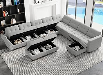 Belffin Oversized Modular Sectional Sofa Couch Set with Storage Ottomans U Shaped Sectional Sofa Couch with Reversible Chaise Light Grey