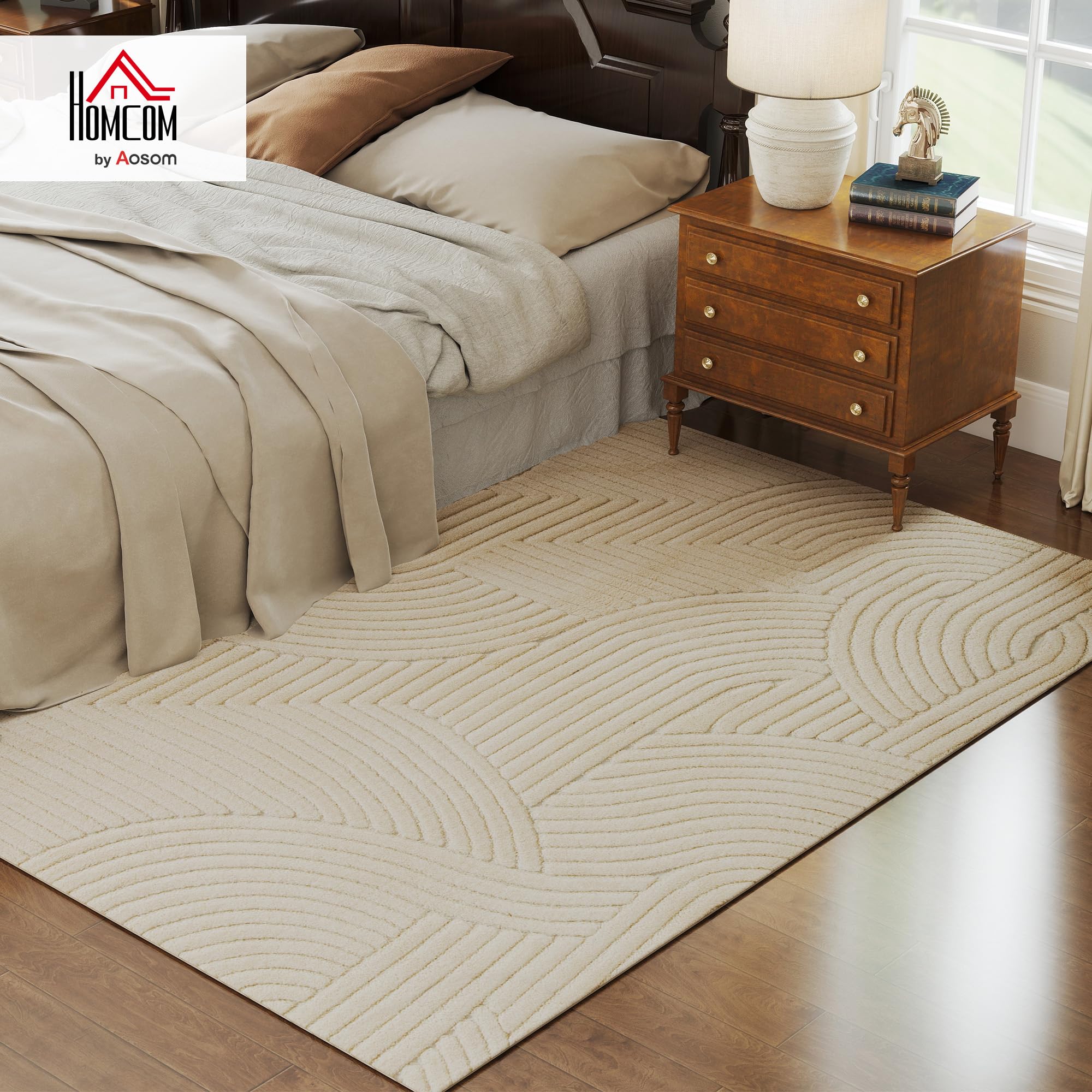 HOMCOM Tappeto Moderno Antiscivolo in Poliestere e Cotone, Tappeto Pelo Corto con Design di Linee, per Soggiorno, Camera da Letto, Sala da Pranzo, 230x160x1.7 cm, Crema