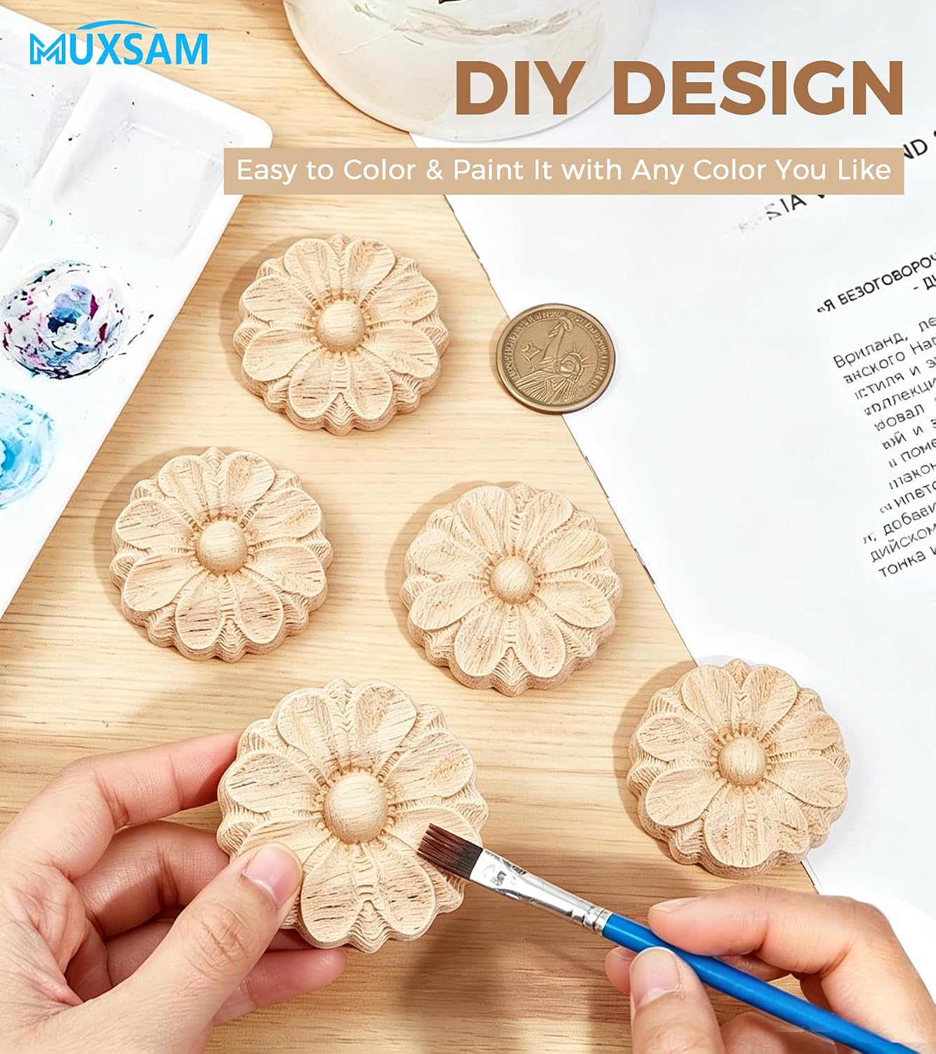 10Pcs Wood Rosettes Little Onlay Appliques, Round Flower Carving Decals