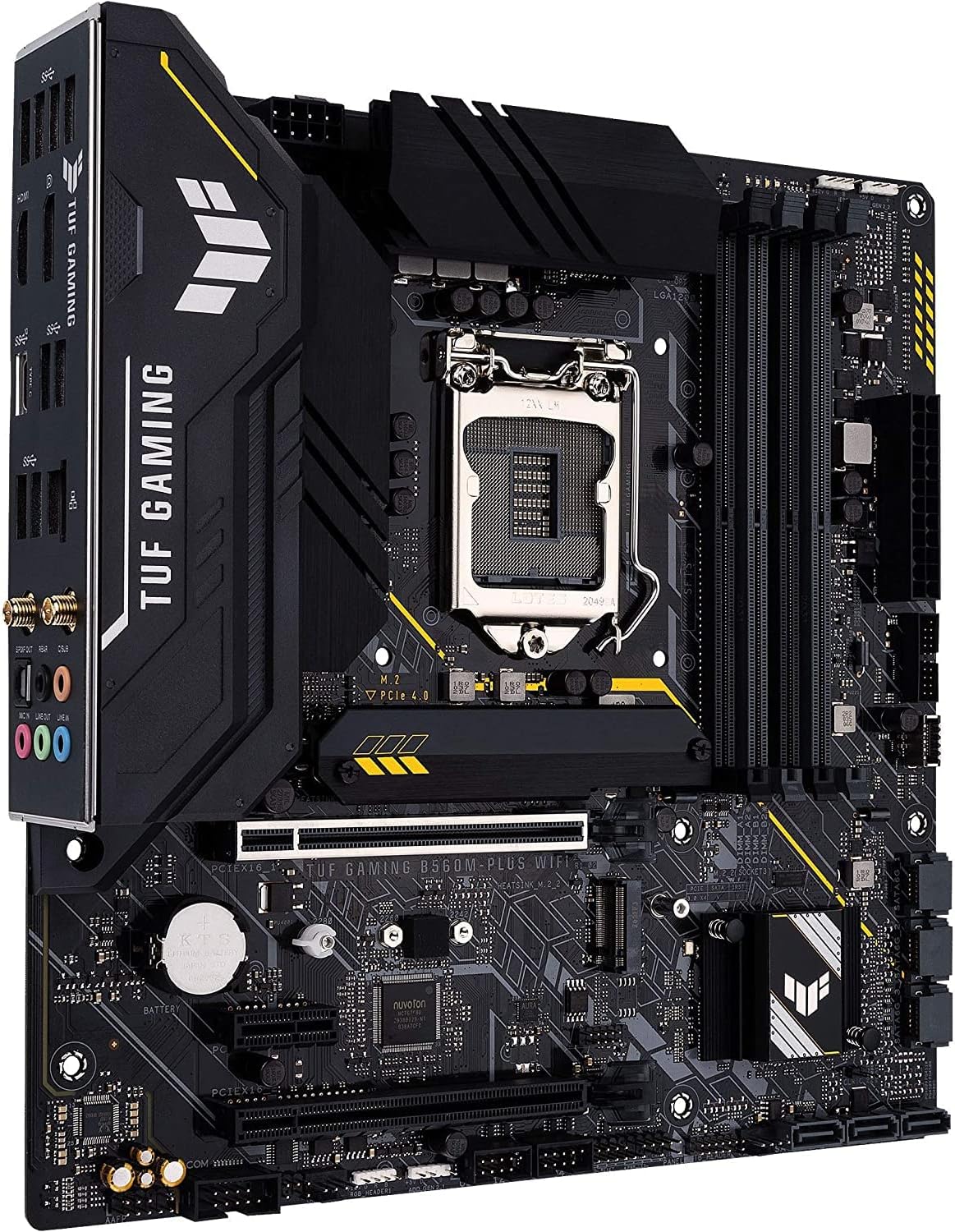 Angled view of the ASUS TUF Gaming B560M-PLUS WiFi Motherboard