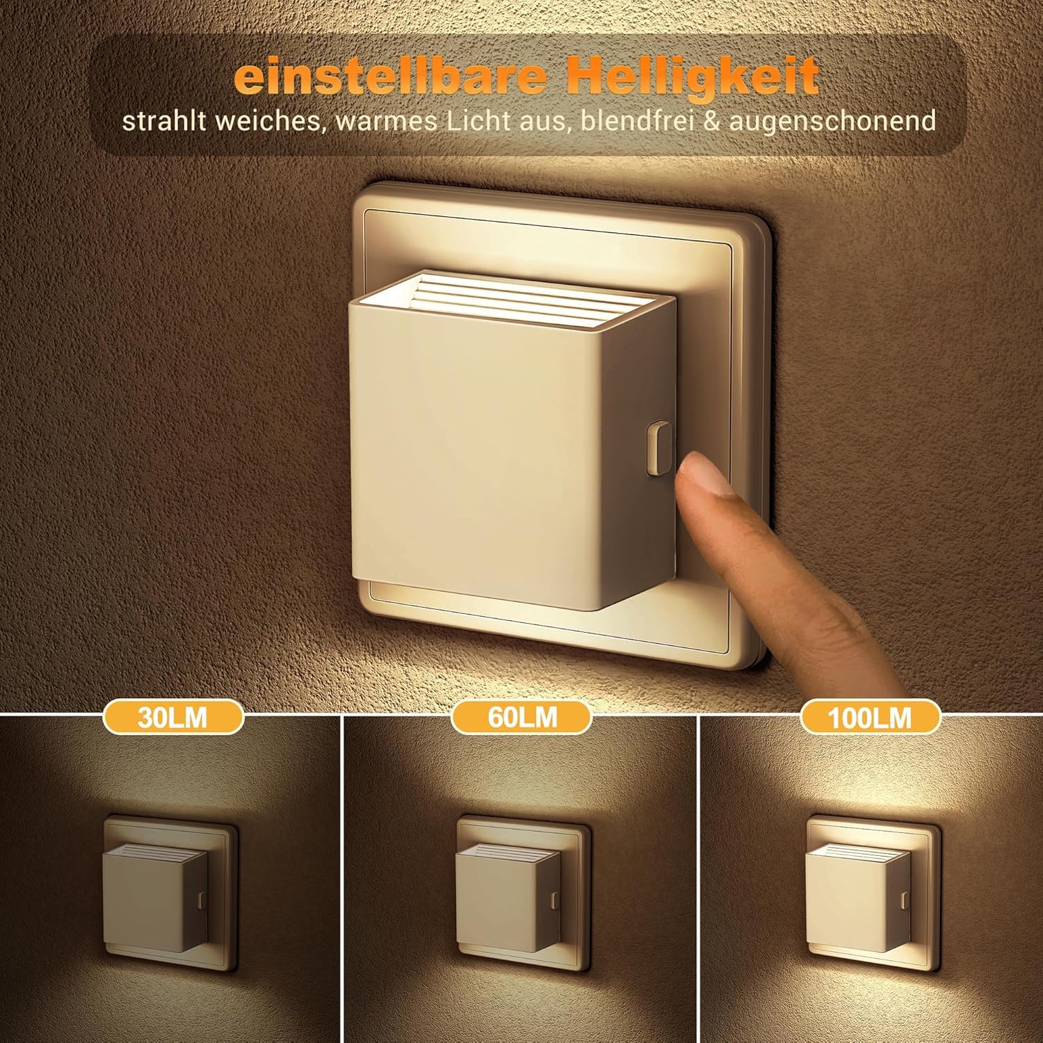 Emeritpro Presa notturna con sensore crepuscolare, luce notturna a LED, 3000 K, luce bianca calda, luminosità regolabile, per cameretta dei bambini, camera da letto, corridoio, scale, cucina, 4 pezzi