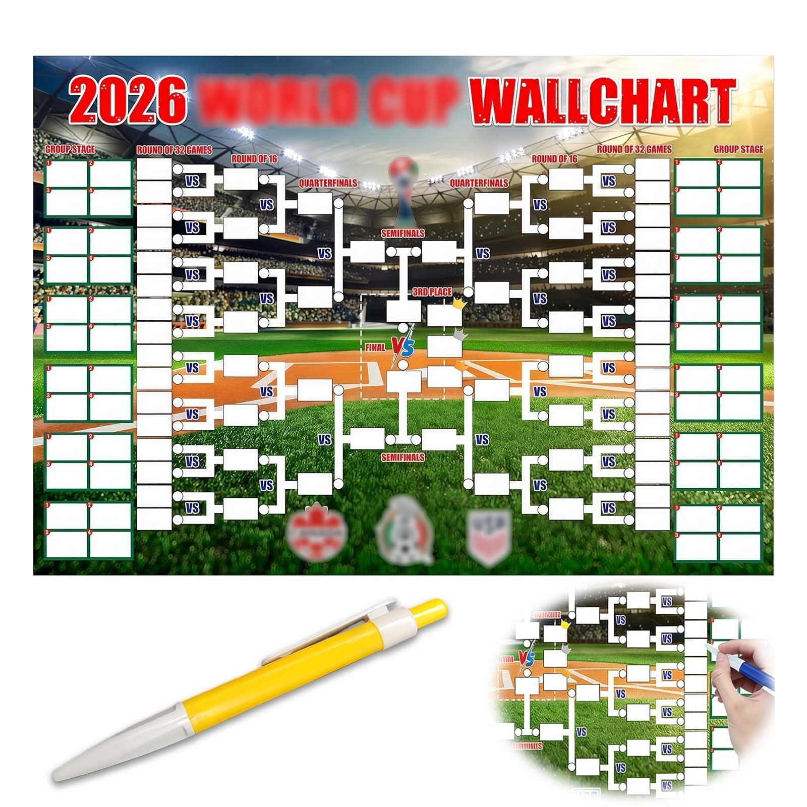 nuneoeuo World Cup Wall Chart 2026, 60x120cm World Cup 2026 Wall Chart Worlds Cups Charts with Handwritten Pen, 2026 Worlds Cups Walls Charts for Track The Game and Record Results