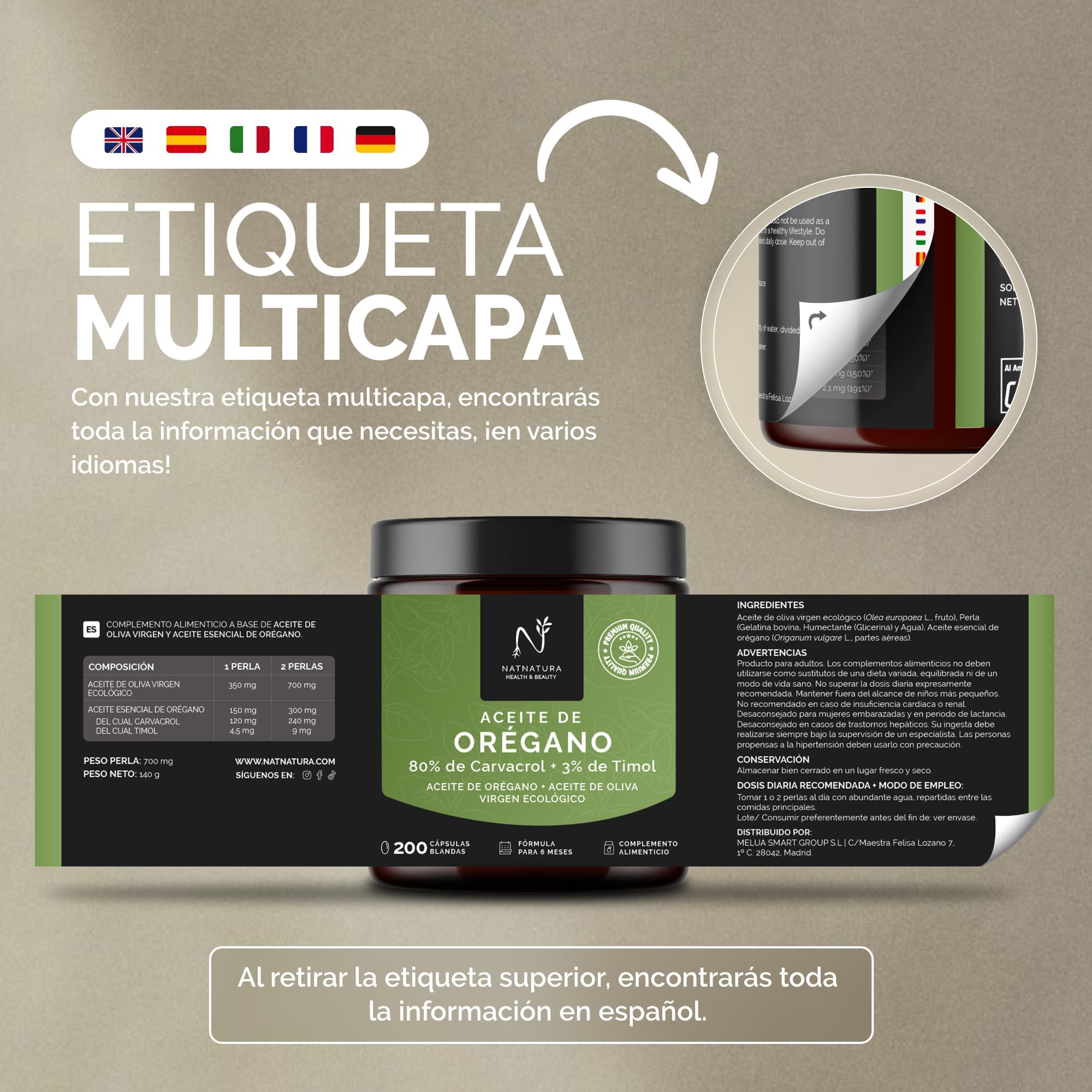 Aceite de Orégano 80% + 3% Timol | Con Aceite de Oliva Virgen Ecológico | Bienestar y Defensa Natural | 200 cápsulas | 6 Meses Fórmula | NATNATURA