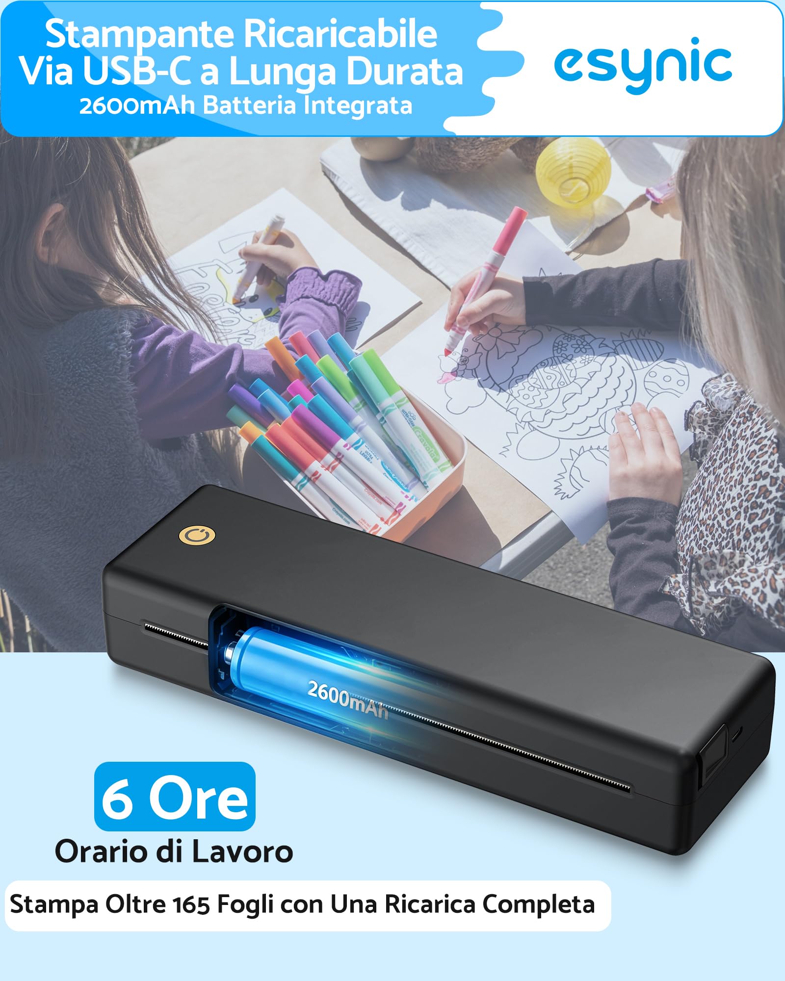 eSynic Stampante Termica Portatile A4 Senza Inchiostro, Supporta Multi Format, Stampante Wireless Bluetooth + USB, Compatibile con iOS Android Windows Mac, Ideale per Ufficio, Studio e Viaggio - Nero