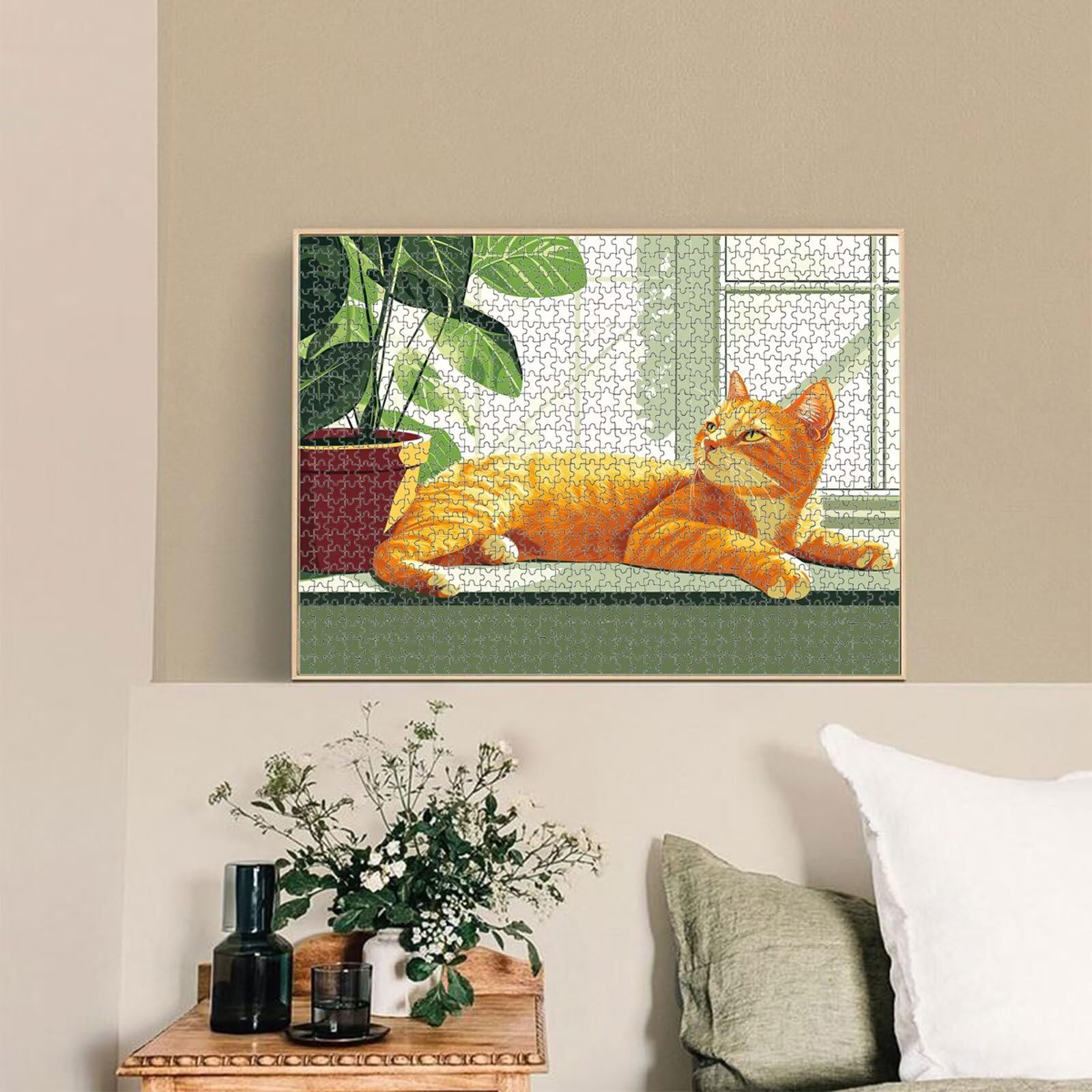 1000 elementów, puzzle dla dorosłych, kot i roślina, drewniane puzzle 1T#1197 | Drewniana konstrukcja, precyzyjne cięcie, jasne kolory, statyczne hobby, relaks, dekoracja domu, prezent, 50 x 75 cm
