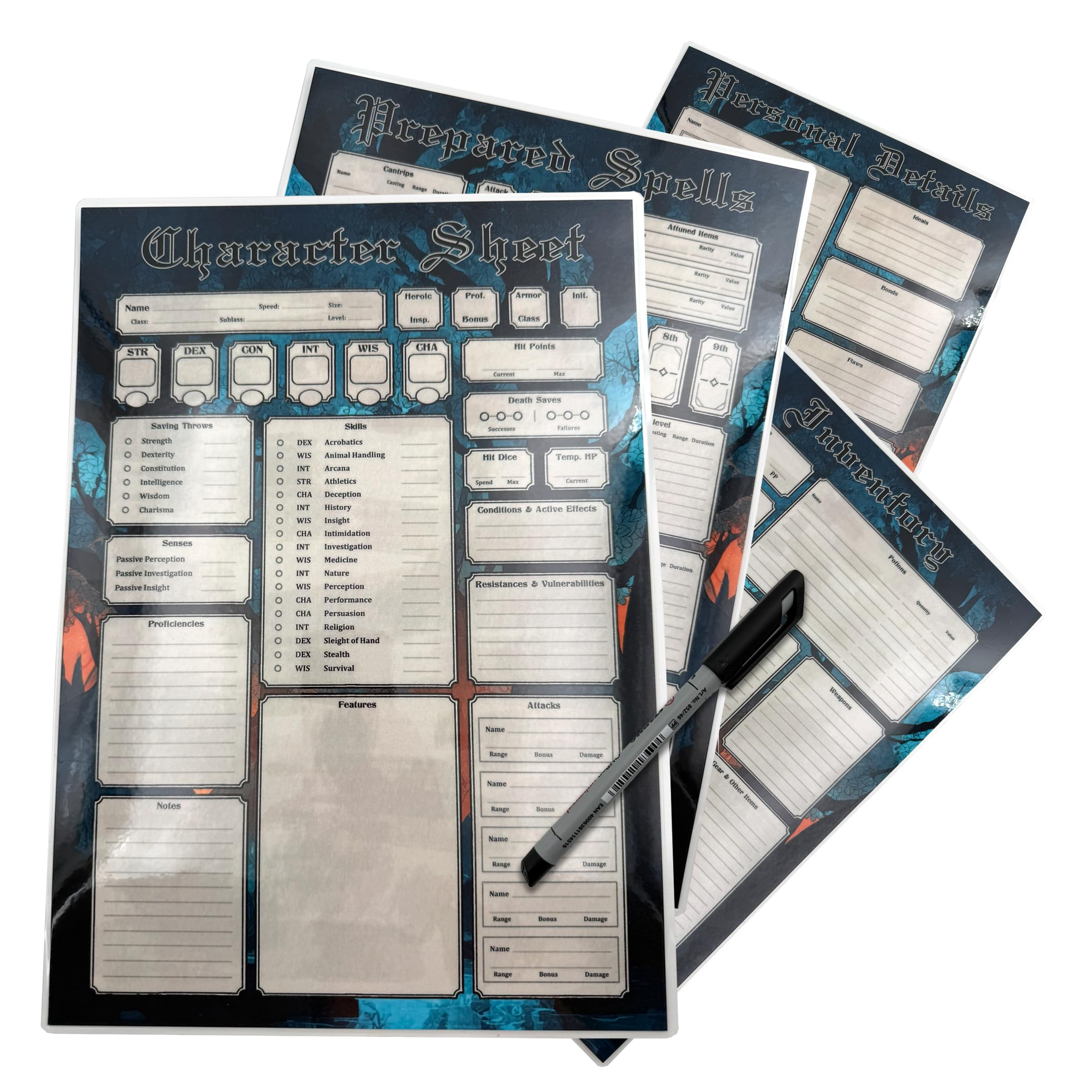 Wiederverwendbarer RPG Charakterbogen – 2 laminierte A4 Character Sheets (4 Seiten), Wet-Erase-Stift inklusive, kompatibel mit D&D 5E & DND 2024 (5.5E)