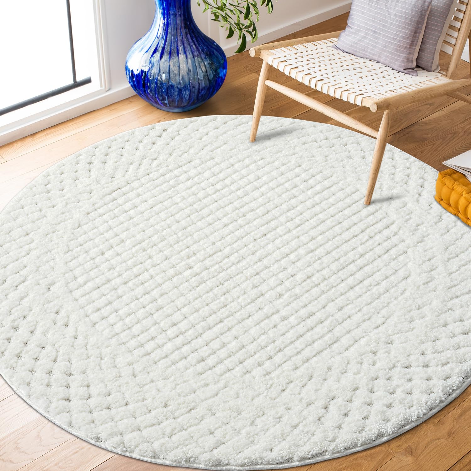 payé Tapis rond, 160 x 160 cm, à poils longs, bohème, crème pastel, uni, motif moderne en losanges, scandinave, moelleux, doux, décoration de chambre à coucher