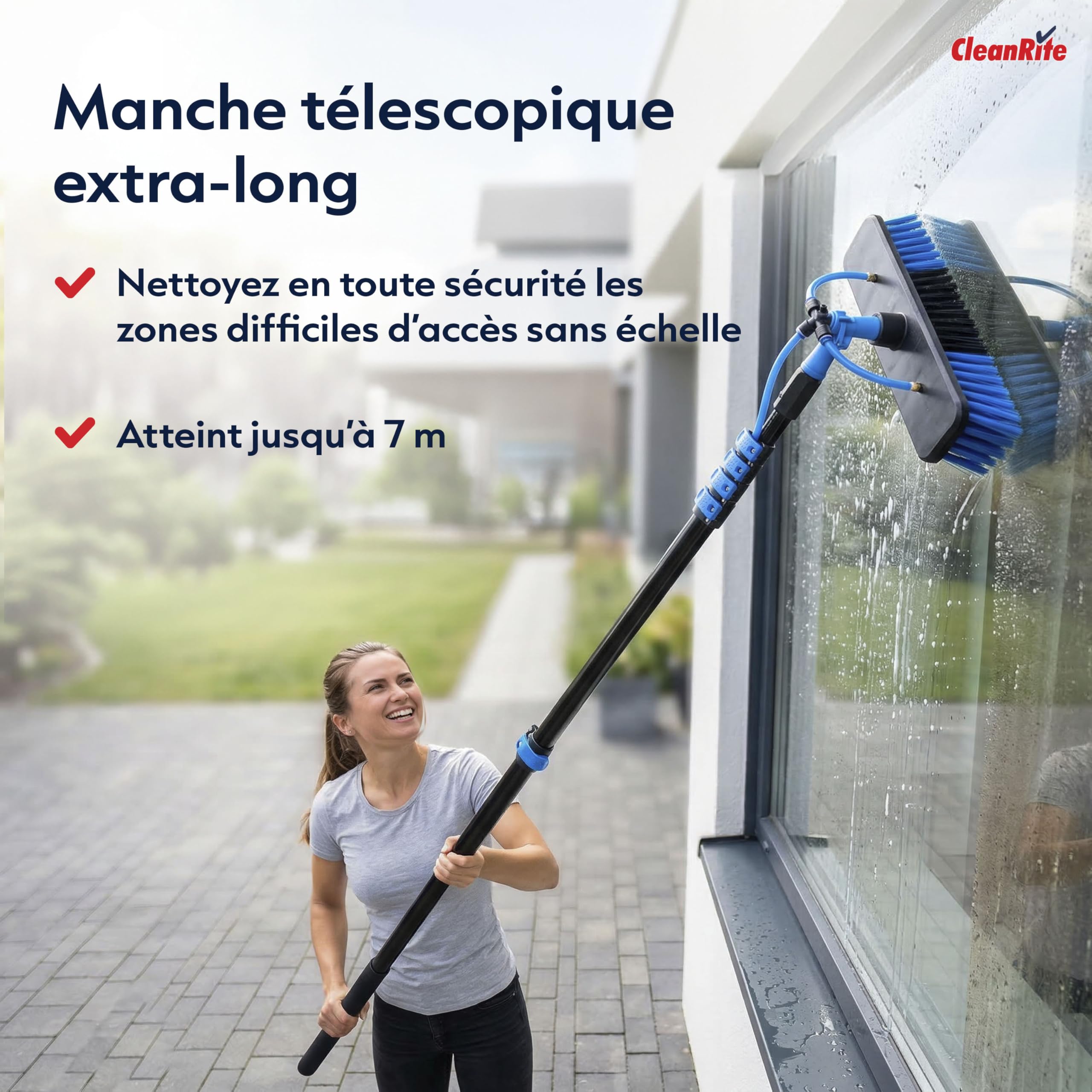 CleanRite® Brosse Télescopique 7 m avec Arrivée d’Eau | Perche Nettoyage Toiture et Panneaux Solaires | Balai Télescopique avec Distributeur de Savon | Voiture | Noir