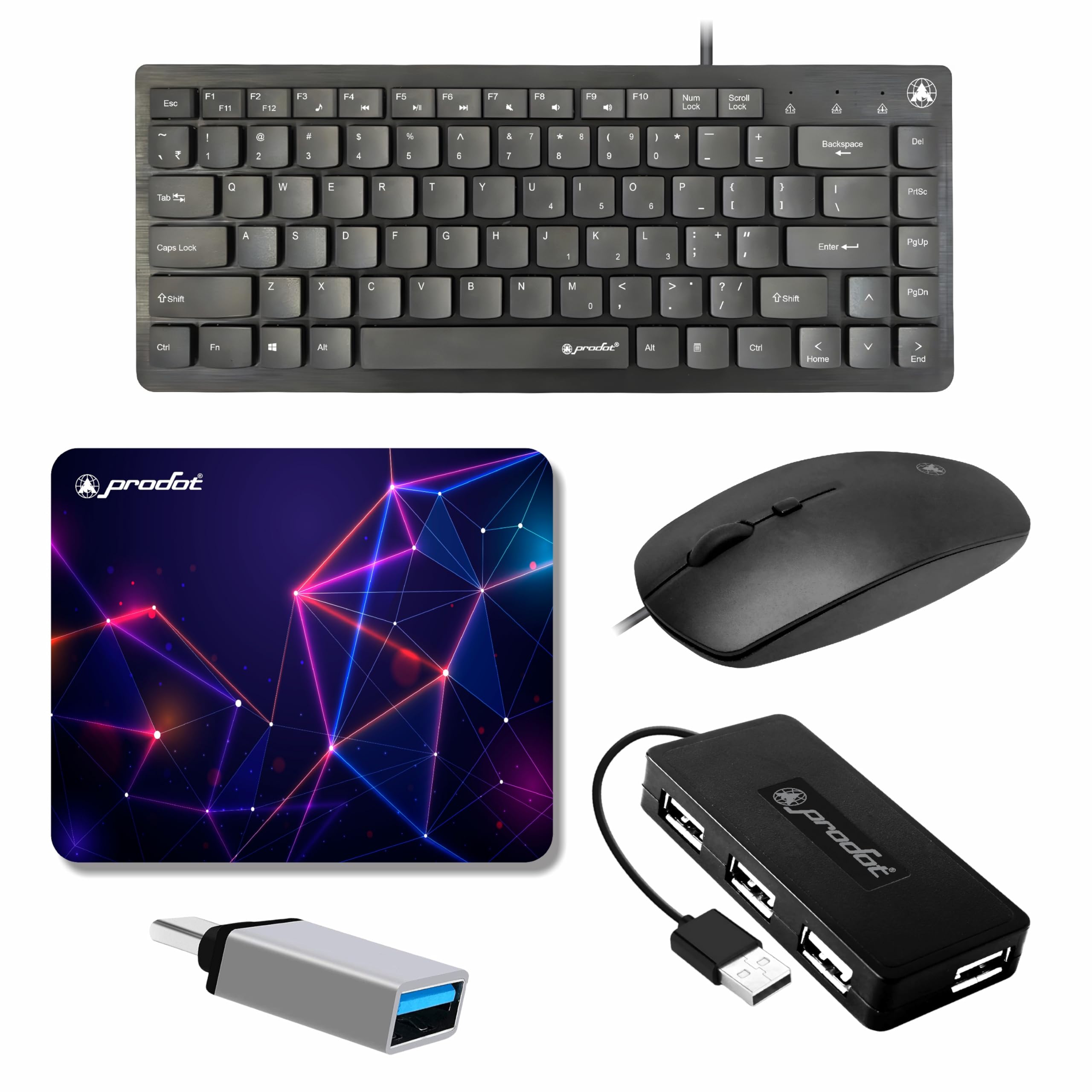 prodot 5-in-1 wired combo pack | 217 mini wired keyboard + 205 optical mouse with adjustable dpi + 4 in1 port usb hub + usb type-a to type-c otg + anti-slip mouse pad | for laptop/desktop