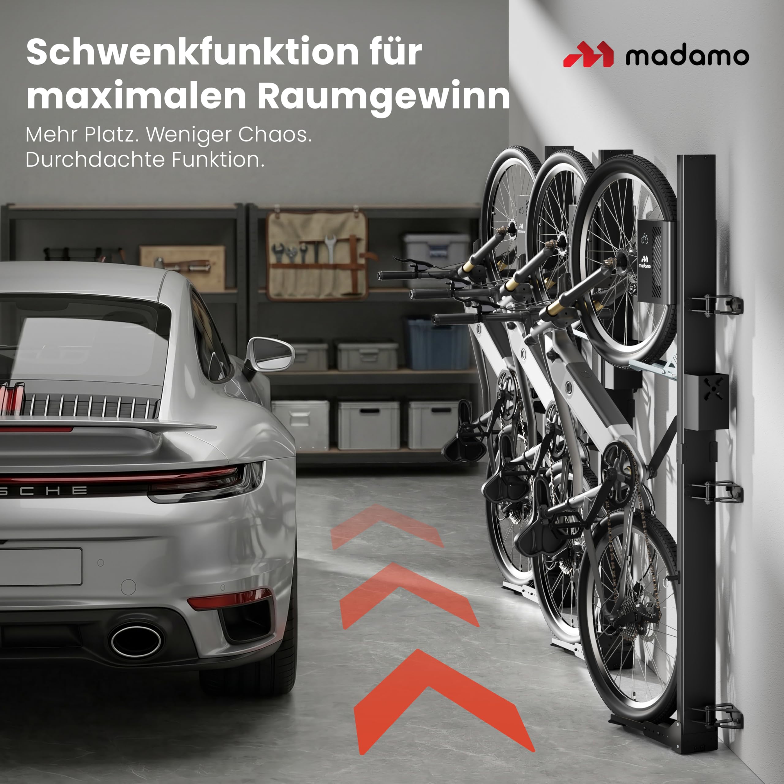 MADAMO Fahrradlift schwenkbar - Fahrrad Wandhalterung vertikal bis 32kg - Fahrradaufhängung Wand - Bike Wall Mount für Garagen Ordnung - Für alle Fahrradtypen inkl E-Bike, MTB & Rennrad - Schwarz/Rot