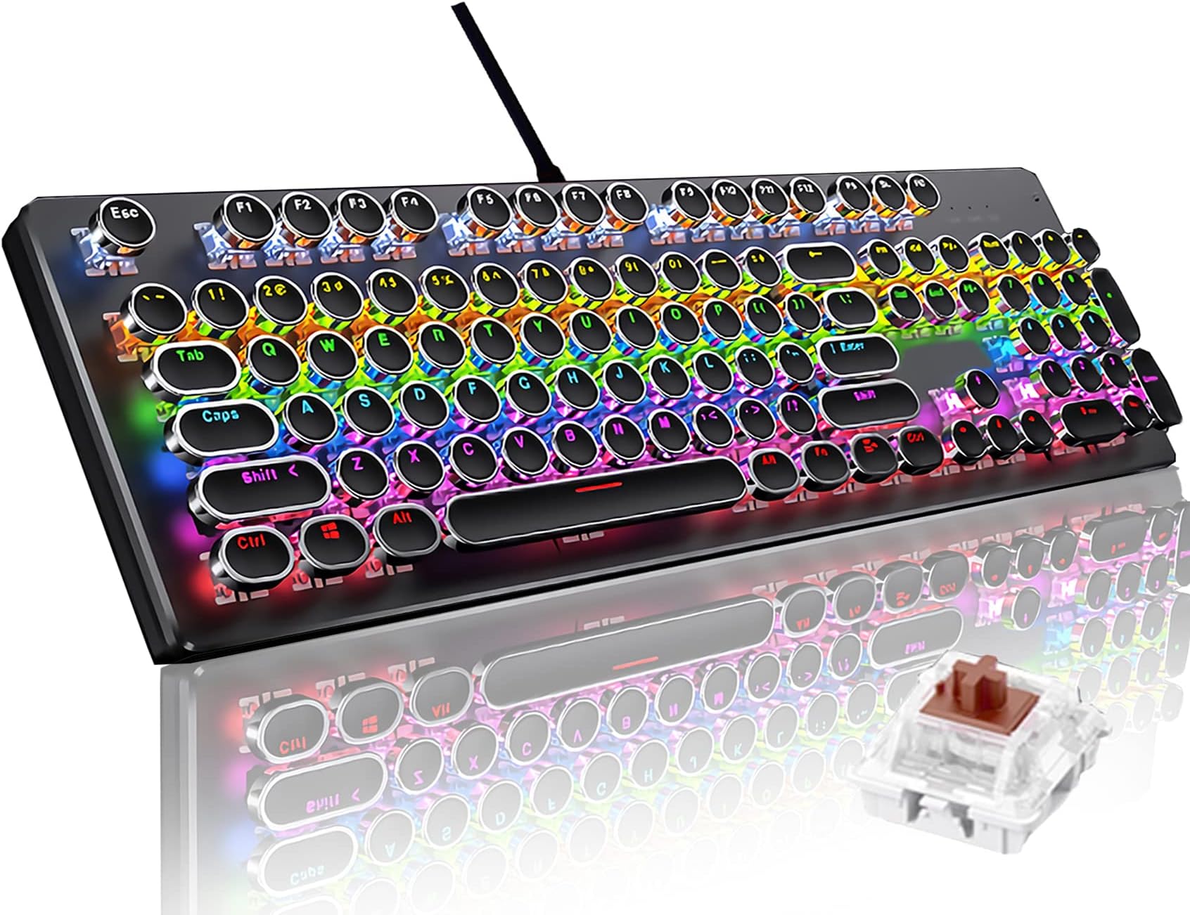 Basaltech Mechanical Light Up Keyboard With LED Backlit, Typewriter Style Gaming Keyboard With 104-Key Brown Switch Round Keycaps, Retro Steampunk Keyboard Metal Panel With Wired USB For PC/Mac/Laptop