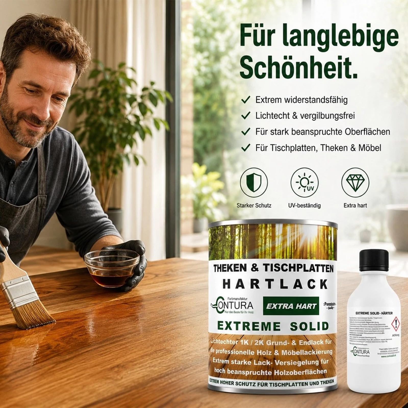 Contura Hartlack 2K Lack Thekenlack Seidenglänzend Tischplattenlack Theken Holzlack Klarlack Set mit Härter Contura Zweikomponenten Lack farblos (Transparent, 2,5 Liter)