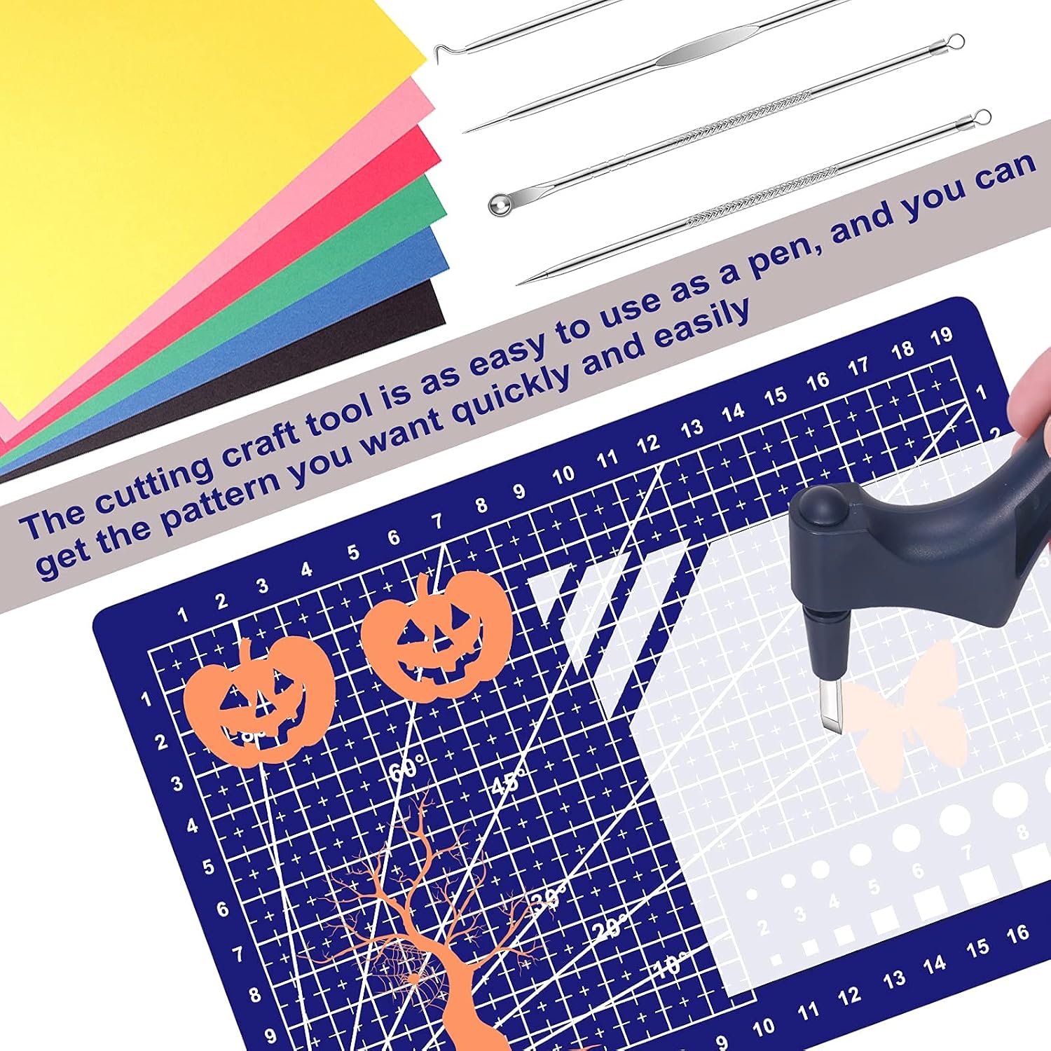 360-Degree Craft Cutting Tools Set, Specialty Rotating Blade Craft Cutter Stainless Steel Craft Knives with Cutting Mat, Weeding Tool, Steel Rule, 3 Blades, Halloween Craft Tool Scrapbooking Stencil : Everything Else